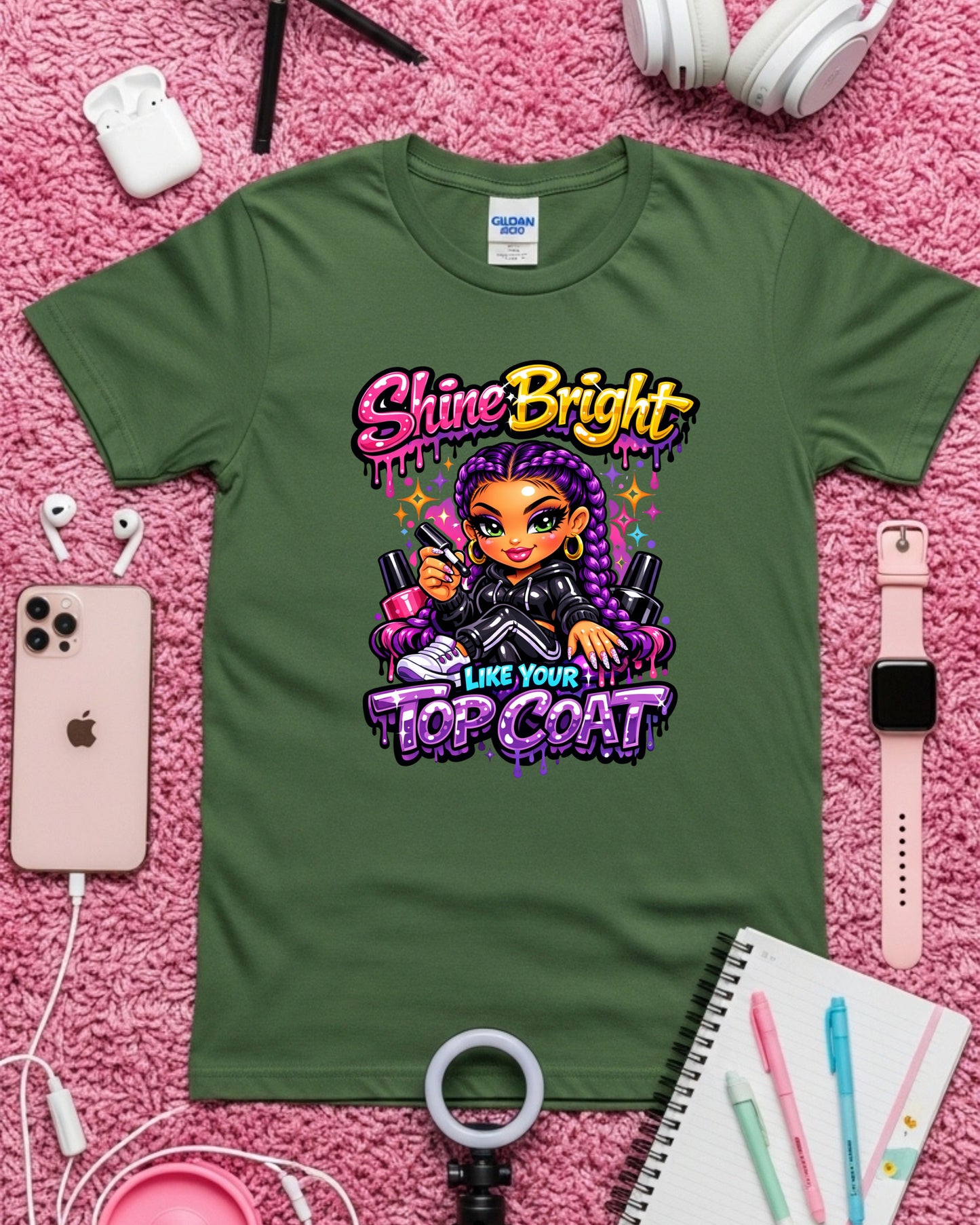 Shine Bright Like Your Top Coat Shirt Funny Nail Tech Tee Colourful Nail Artist T‑Shirt Salon Nail Tech Graphic Top Manicurist Gift
