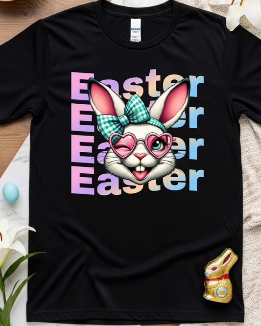 Retro Easter Bunny Face Graphic – Teal Checked Bow & Pink Heart Glasses, Cute Kawaii Easter Clipart for Stickers, Shirts & Spring Decor