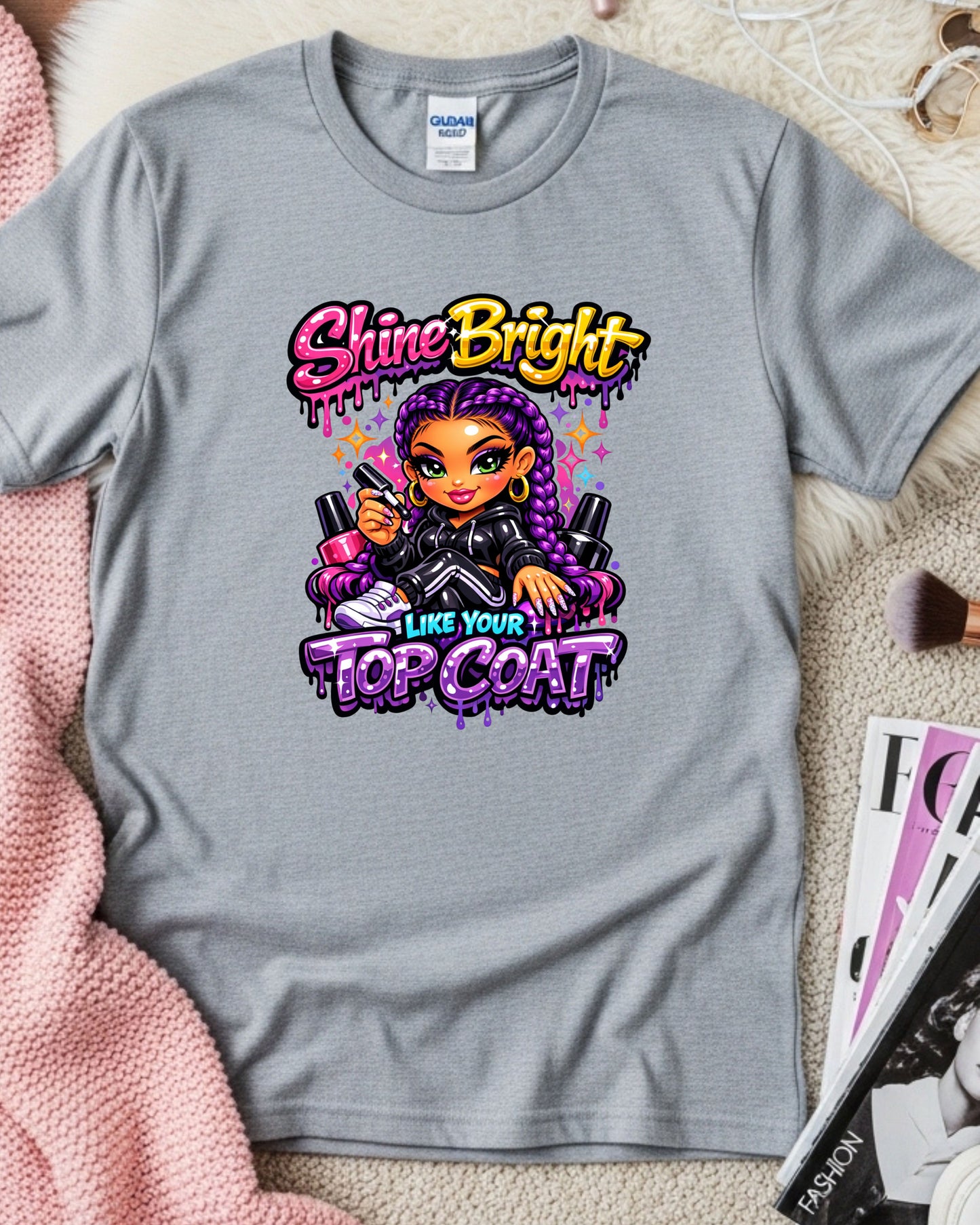 Shine Bright Like Your Top Coat Shirt Funny Nail Tech Tee Colourful Nail Artist T‑Shirt Salon Nail Tech Graphic Top Manicurist Gift