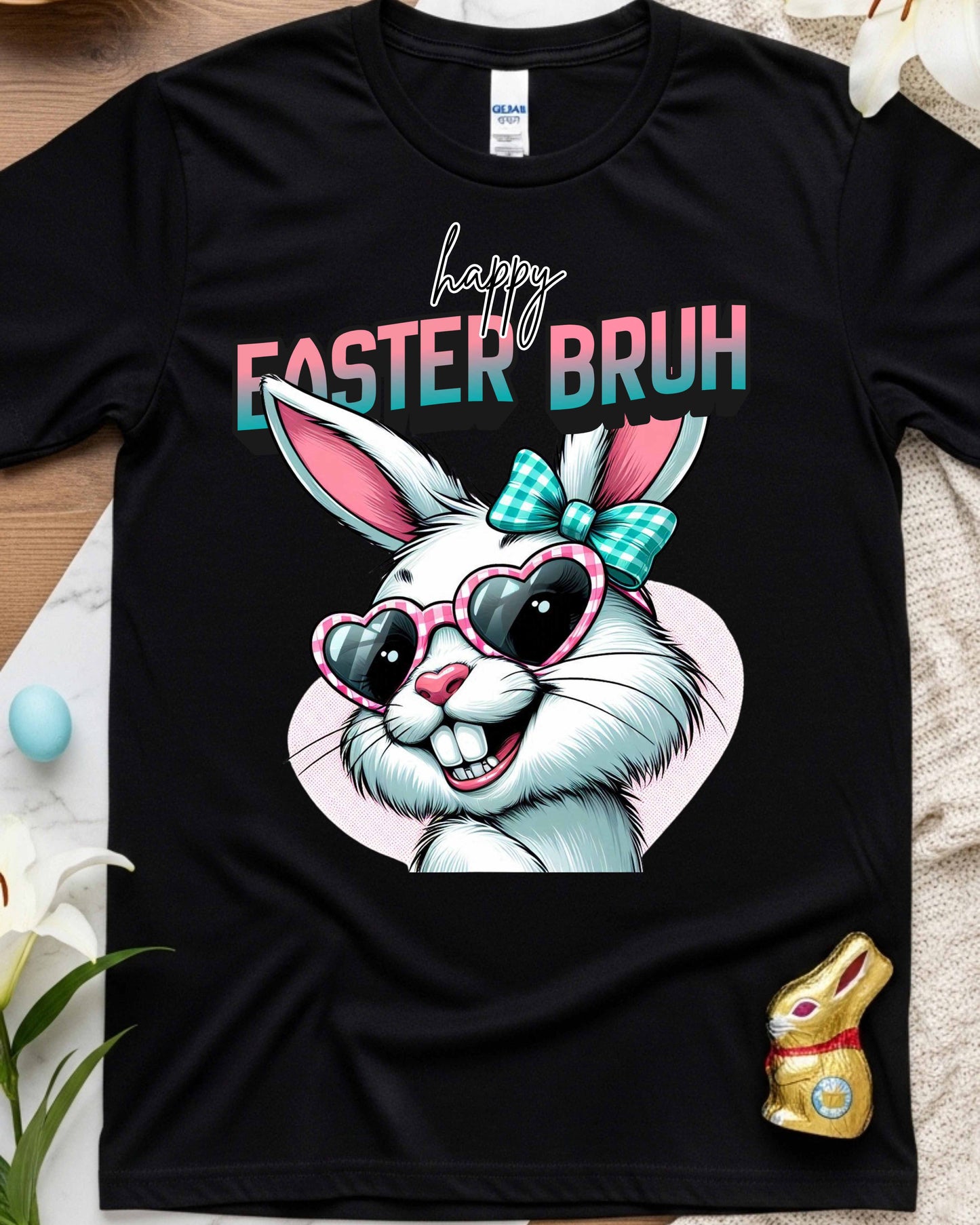 Funny Easter Bunny Graphic – “Happy Easter Bruh” Retro Kawaii Bunny Face, Pink Heart Glasses & Teal Bow Clipart for Shirts, Stickers & Spring Decor