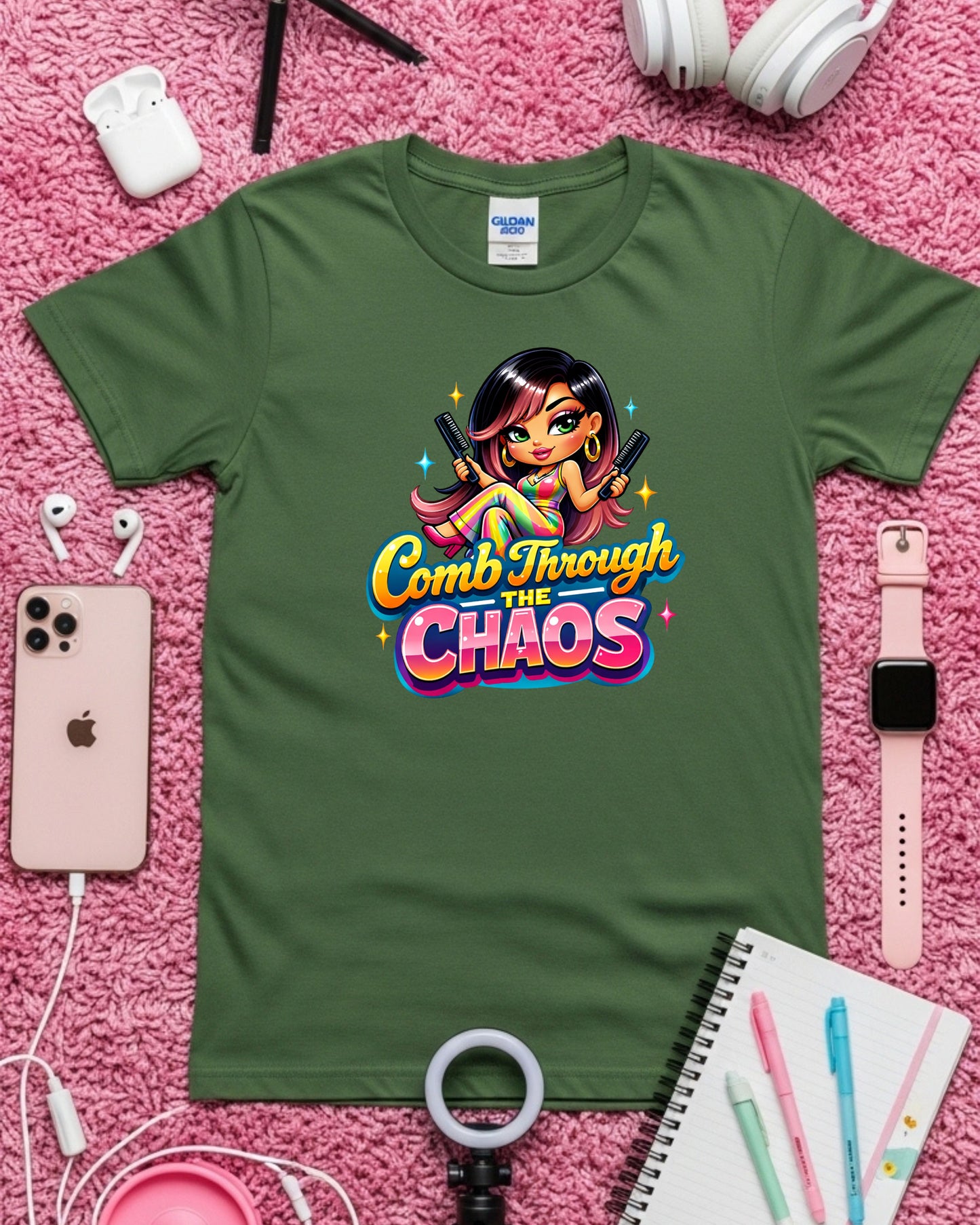 Comb Through the Chaos Shirt Funny Hairstylist Tee Colourful Salon Stylist T‑Shirt Braider Graphic Top Cosmetology Gift