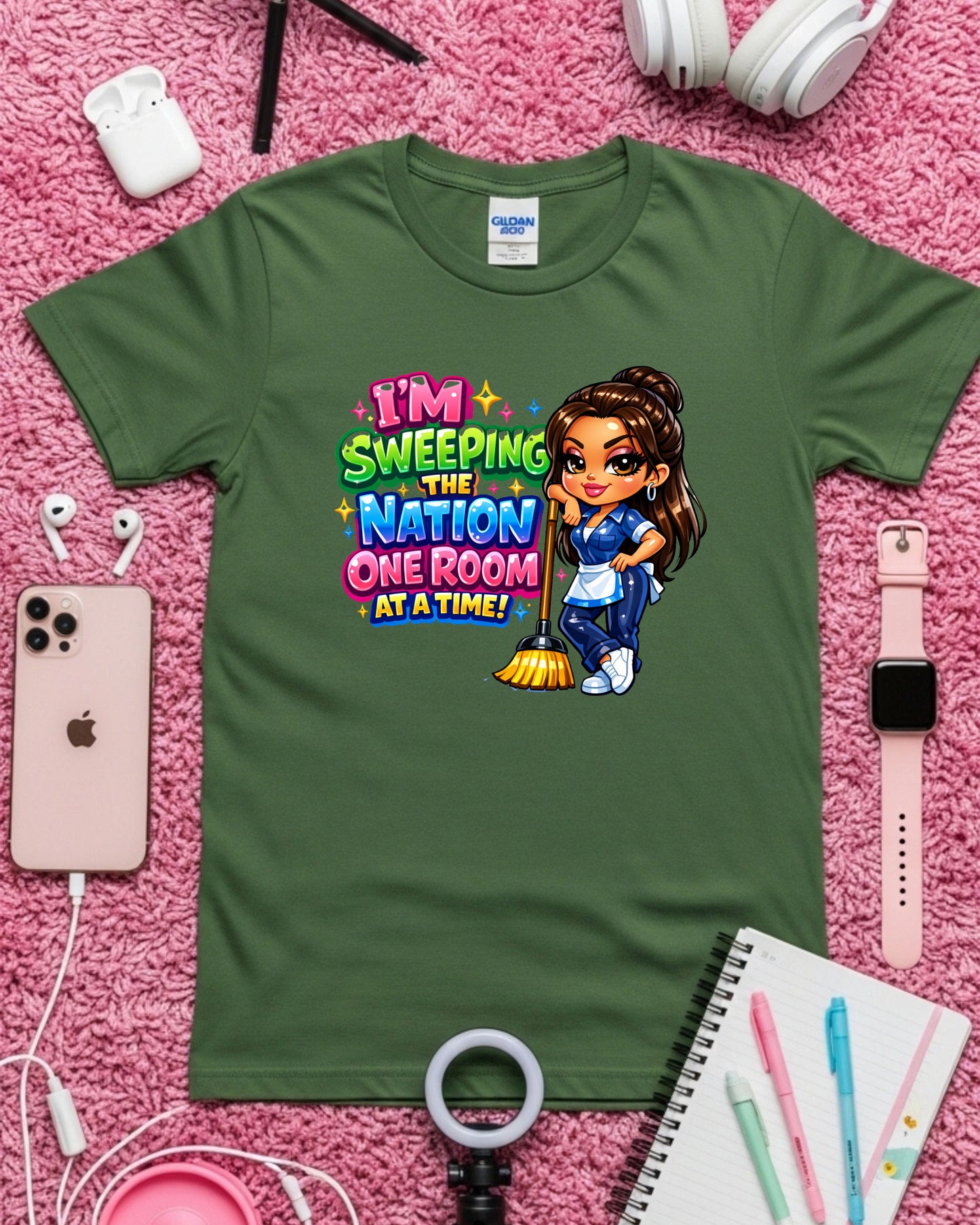 I’m Sweeping the Nation One Room at a Time Shirt Funny Cleaner Tee Housekeeper & Janitor T‑Shirt Cleaning Crew Graphic Top Custodian Gift for Women