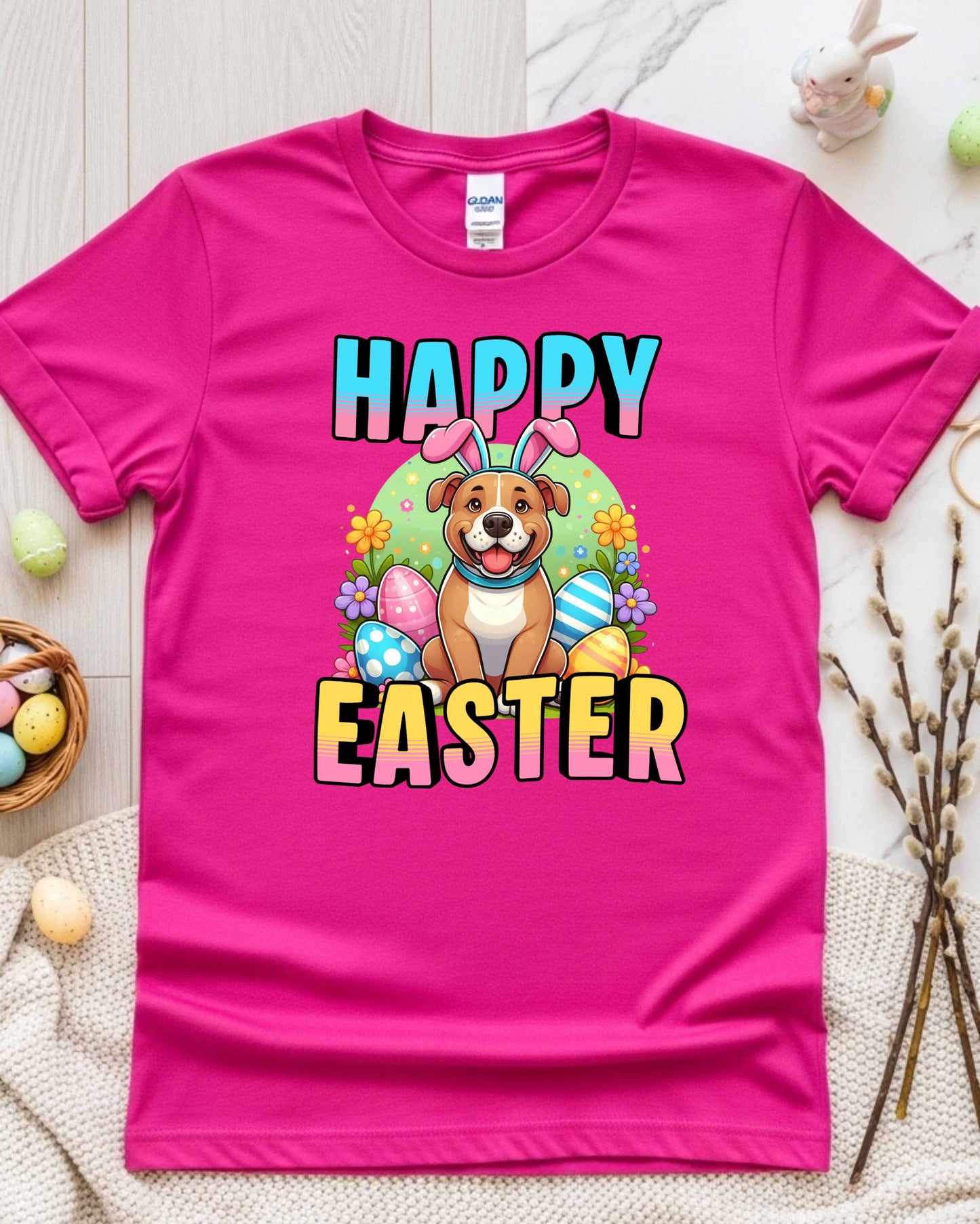 Puppy in Bunny Ears with Colourful Eggs & Flowers, Fun Spring Clipart for Shirts, Stickers & Holiday Decor