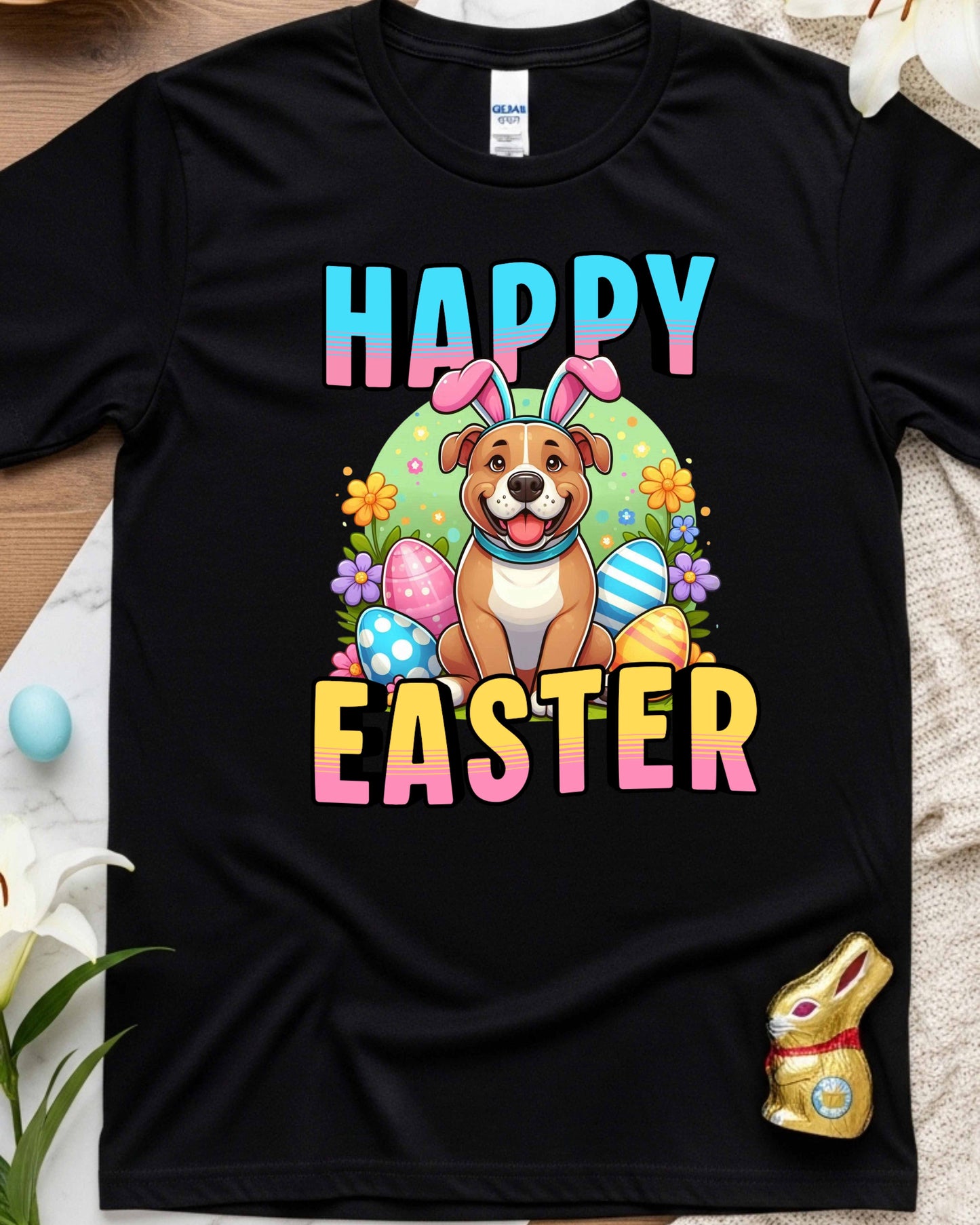 Puppy in Bunny Ears with Colourful Eggs & Flowers, Fun Spring Clipart for Shirts, Stickers & Holiday Decor