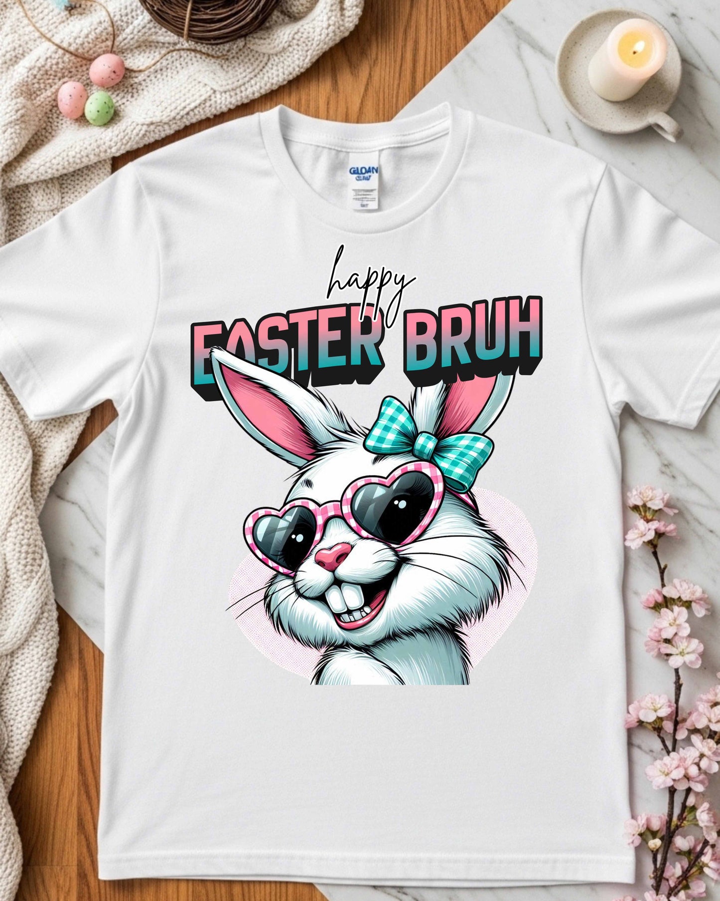 Funny Easter Bunny Graphic – “Happy Easter Bruh” Retro Kawaii Bunny Face, Pink Heart Glasses & Teal Bow Clipart for Shirts, Stickers & Spring Decor
