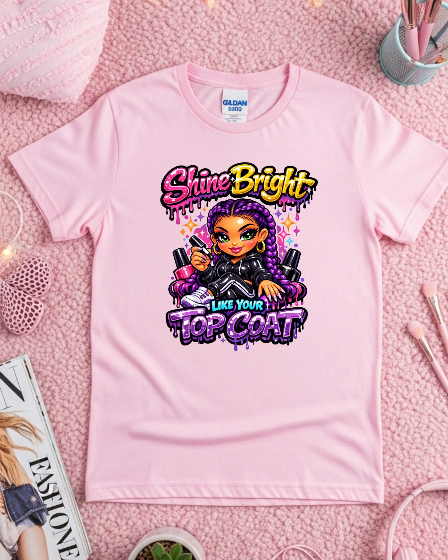 Shine Bright Like Your Top Coat Shirt Funny Nail Tech Tee Colourful Nail Artist T‑Shirt Salon Nail Tech Graphic Top Manicurist Gift