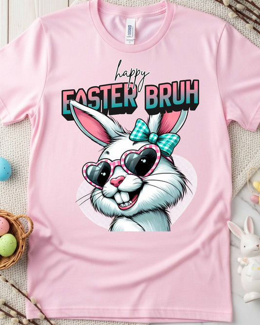 Funny Easter Bunny Graphic – “Happy Easter Bruh” Retro Kawaii Bunny Face, Pink Heart Glasses & Teal Bow Clipart for Shirts, Stickers & Spring Decor