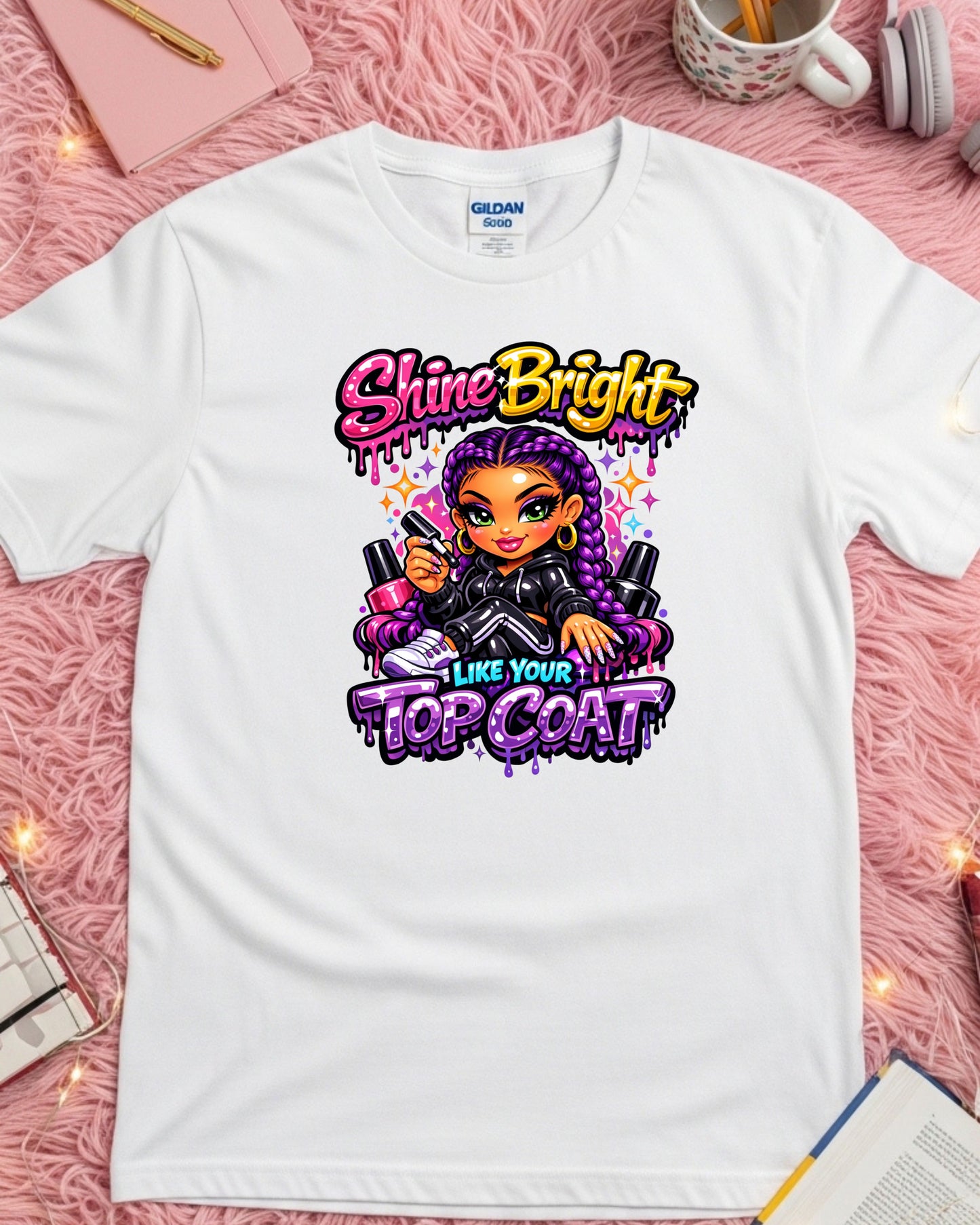 Shine Bright Like Your Top Coat Shirt Funny Nail Tech Tee Colourful Nail Artist T‑Shirt Salon Nail Tech Graphic Top Manicurist Gift