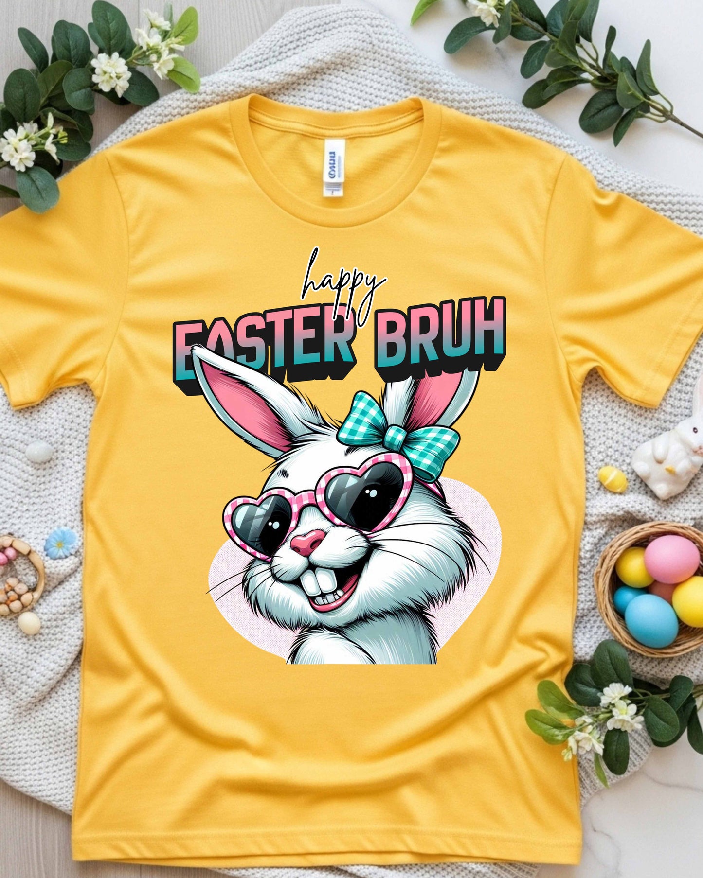 Funny Easter Bunny Graphic – “Happy Easter Bruh” Retro Kawaii Bunny Face, Pink Heart Glasses & Teal Bow Clipart for Shirts, Stickers & Spring Decor