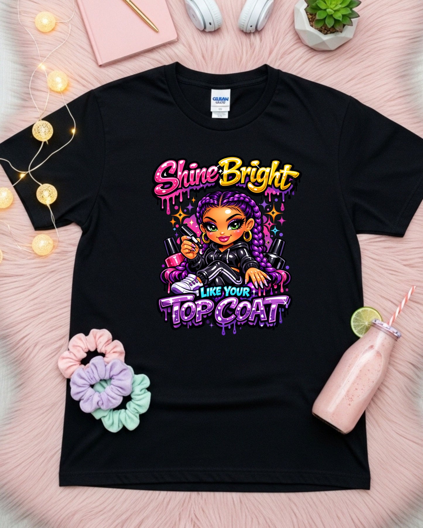 Shine Bright Like Your Top Coat Shirt Funny Nail Tech Tee Colourful Nail Artist T‑Shirt Salon Nail Tech Graphic Top Manicurist Gift