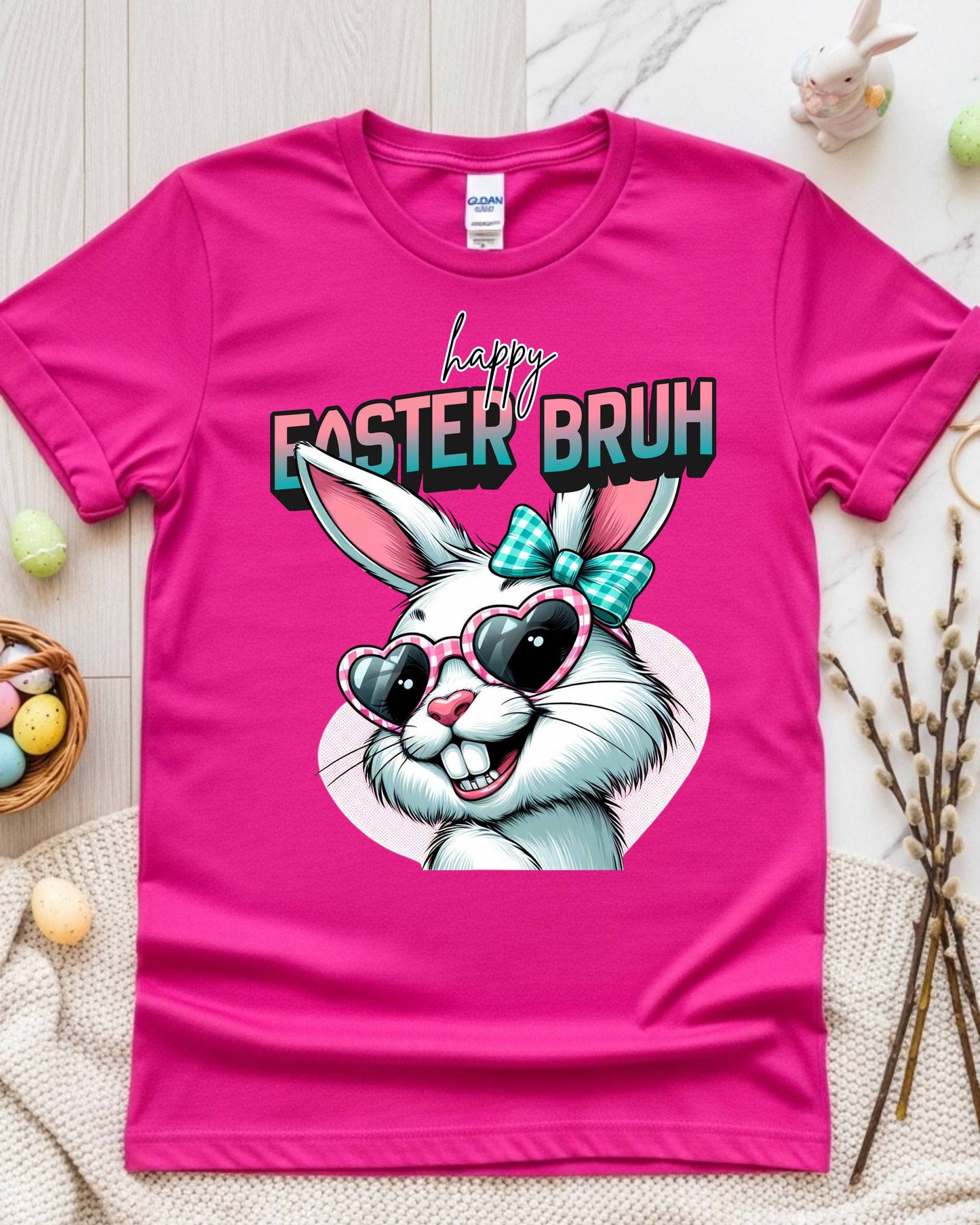 Funny Easter Bunny Graphic – “Happy Easter Bruh” Retro Kawaii Bunny Face, Pink Heart Glasses & Teal Bow Clipart for Shirts, Stickers & Spring Decor