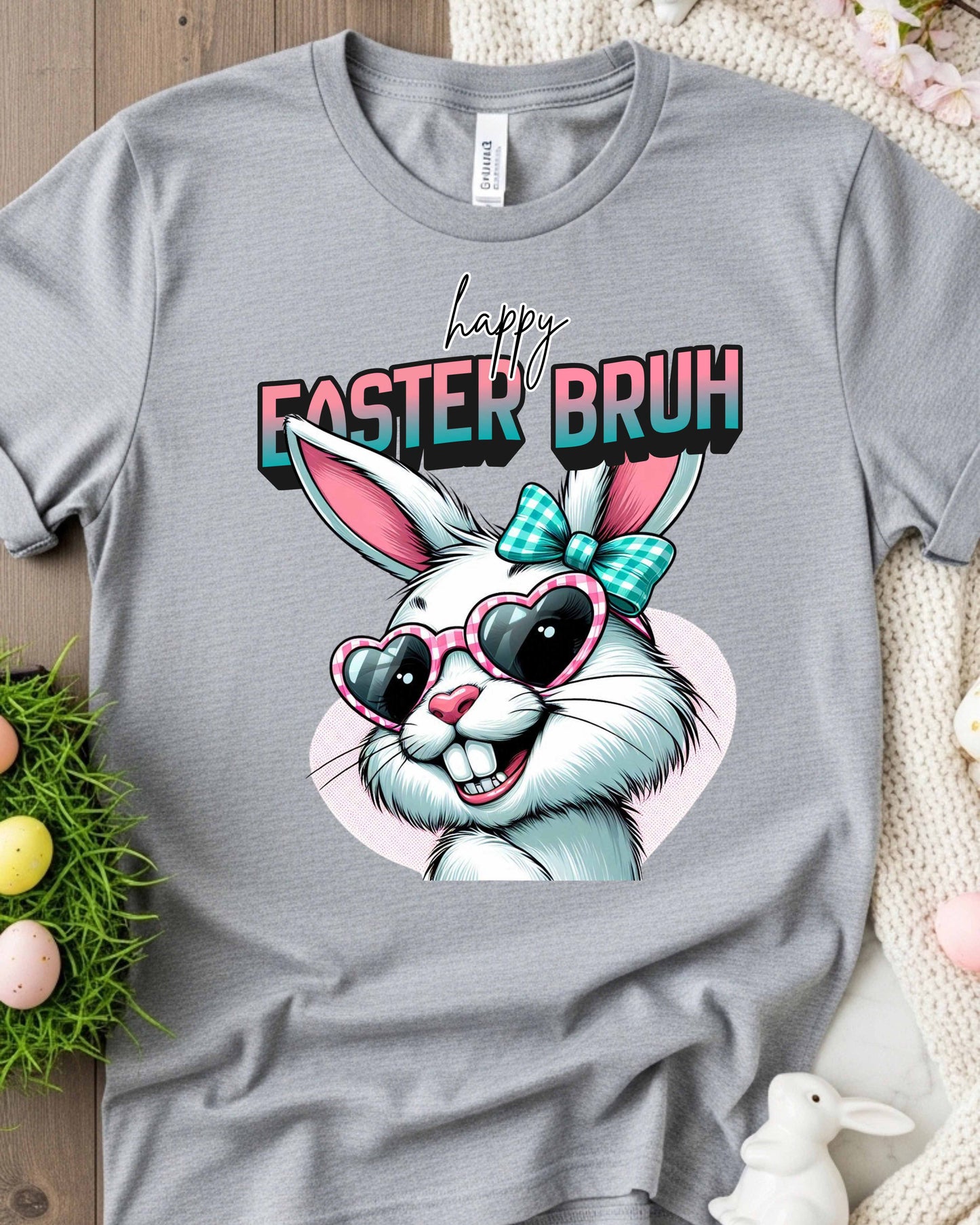 Funny Easter Bunny Graphic – “Happy Easter Bruh” Retro Kawaii Bunny Face, Pink Heart Glasses & Teal Bow Clipart for Shirts, Stickers & Spring Decor