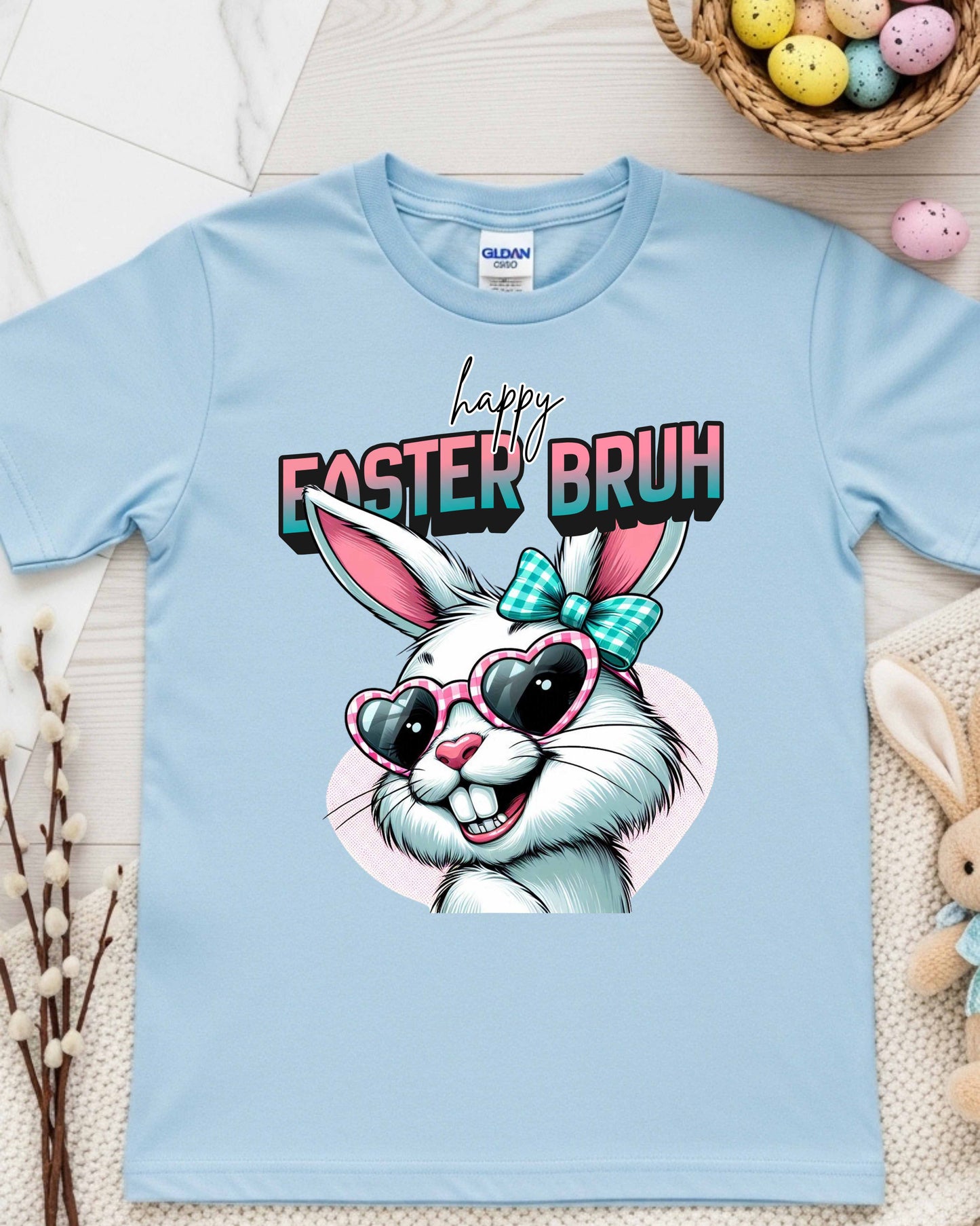 Funny Easter Bunny Graphic – “Happy Easter Bruh” Retro Kawaii Bunny Face, Pink Heart Glasses & Teal Bow Clipart for Shirts, Stickers & Spring Decor