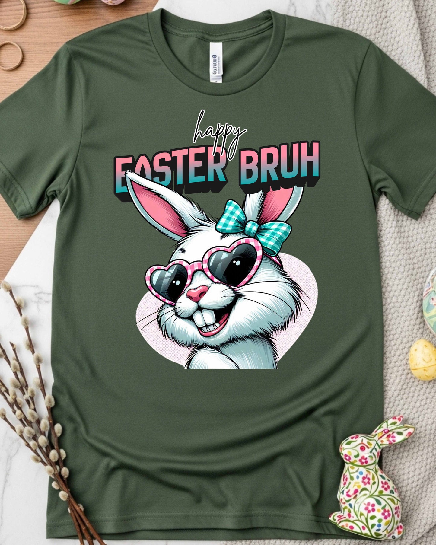 Funny Easter Bunny Graphic – “Happy Easter Bruh” Retro Kawaii Bunny Face, Pink Heart Glasses & Teal Bow Clipart for Shirts, Stickers & Spring Decor