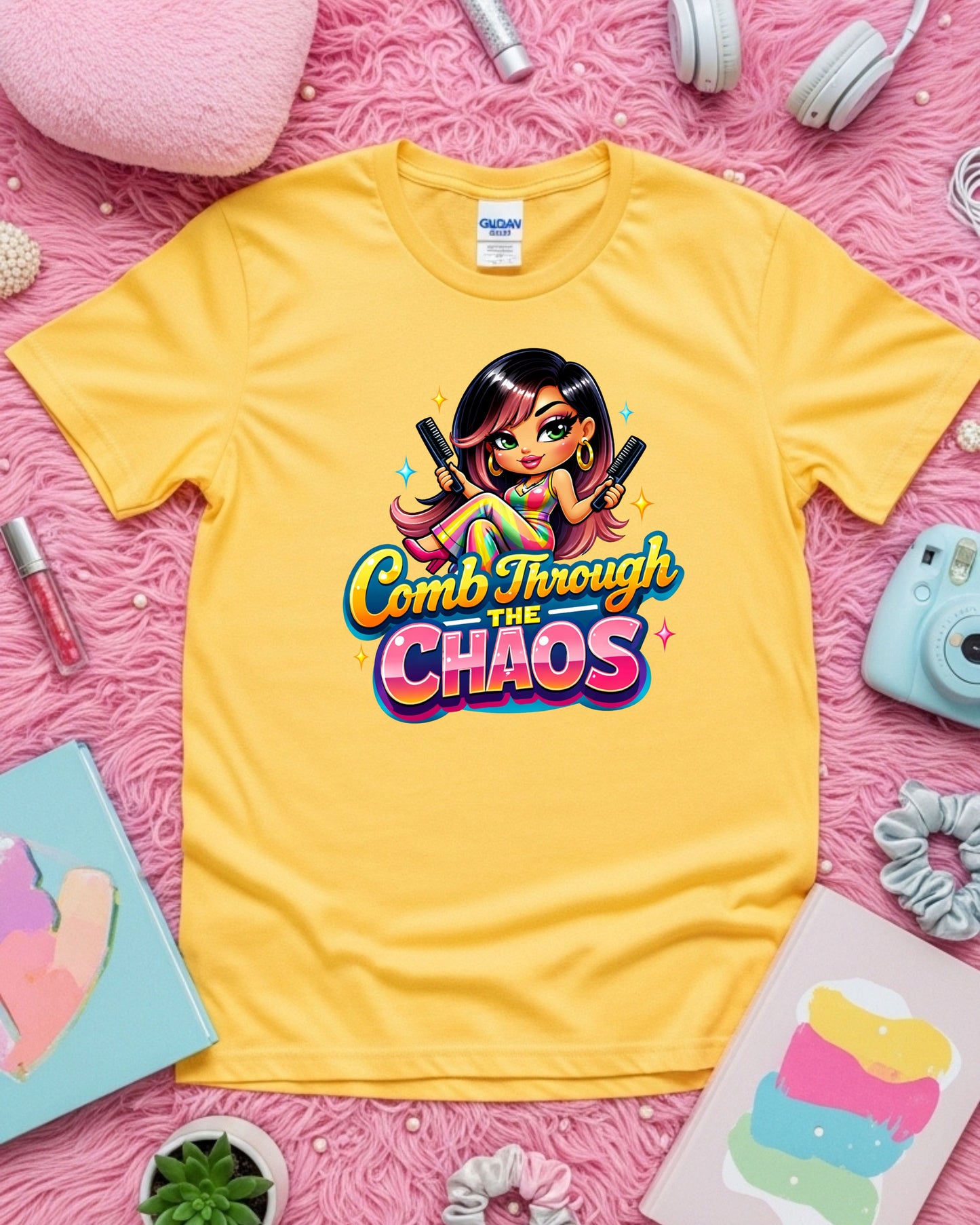 Comb Through the Chaos Shirt Funny Hairstylist Tee Colourful Salon Stylist T‑Shirt Braider Graphic Top Cosmetology Gift