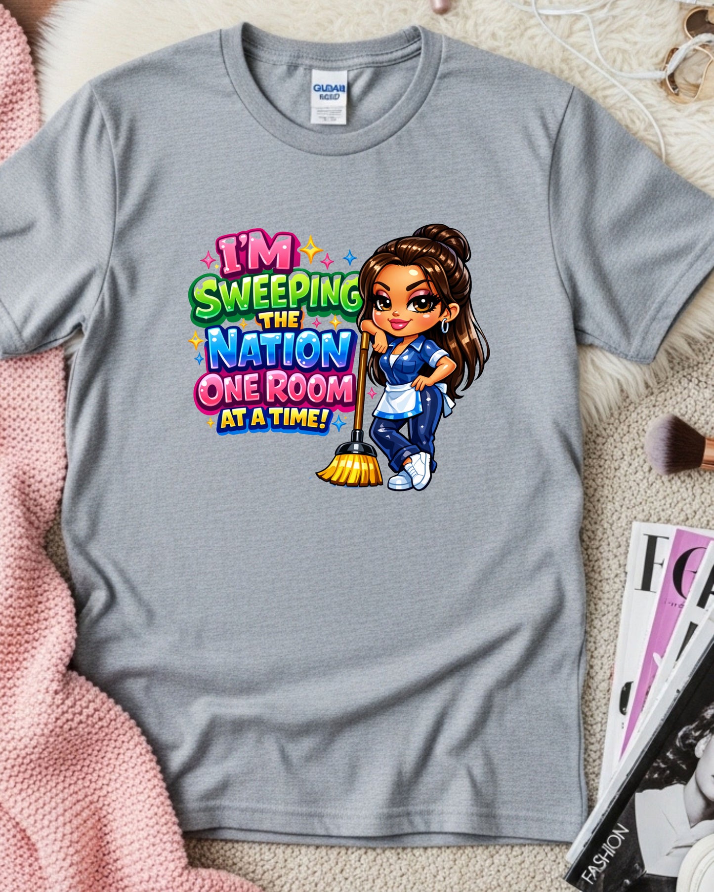 I’m Sweeping the Nation One Room at a Time Shirt Funny Cleaner Tee Housekeeper & Janitor T‑Shirt Cleaning Crew Graphic Top Custodian Gift for Women