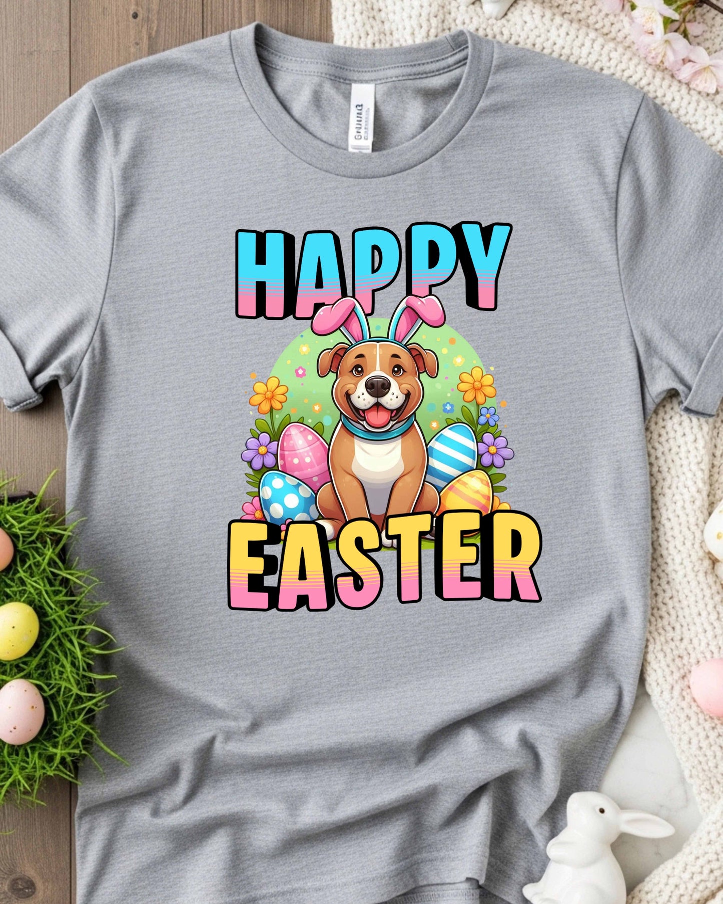 Puppy in Bunny Ears with Colourful Eggs & Flowers, Fun Spring Clipart for Shirts, Stickers & Holiday Decor