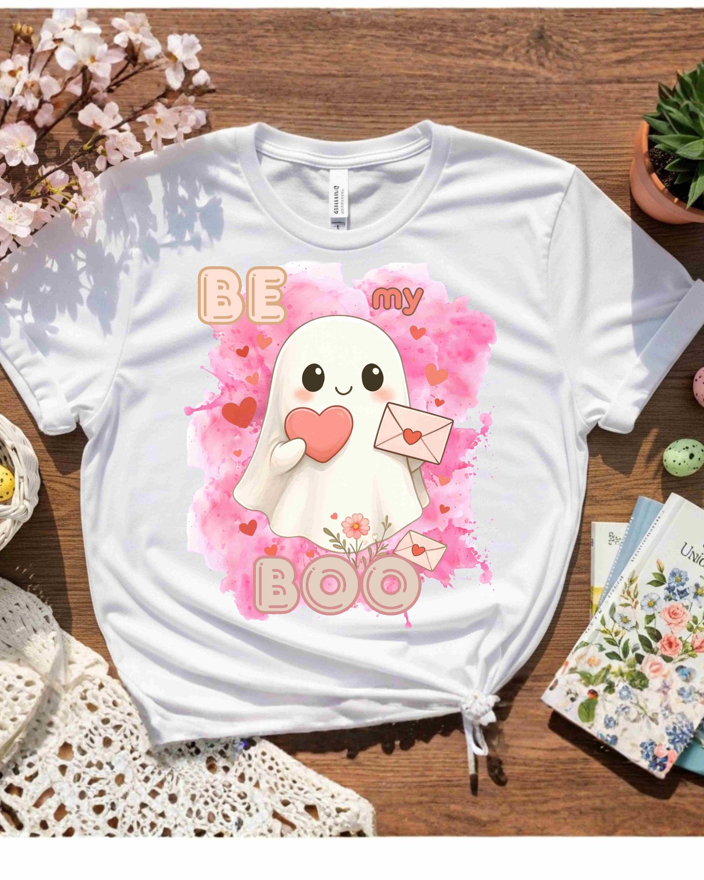 Be My Boo” Tee for Women – Kawaii Ghost Valentine’s Day T‑Shirt, Cute Love Letter Graphic, Sweet V‑Day Gift