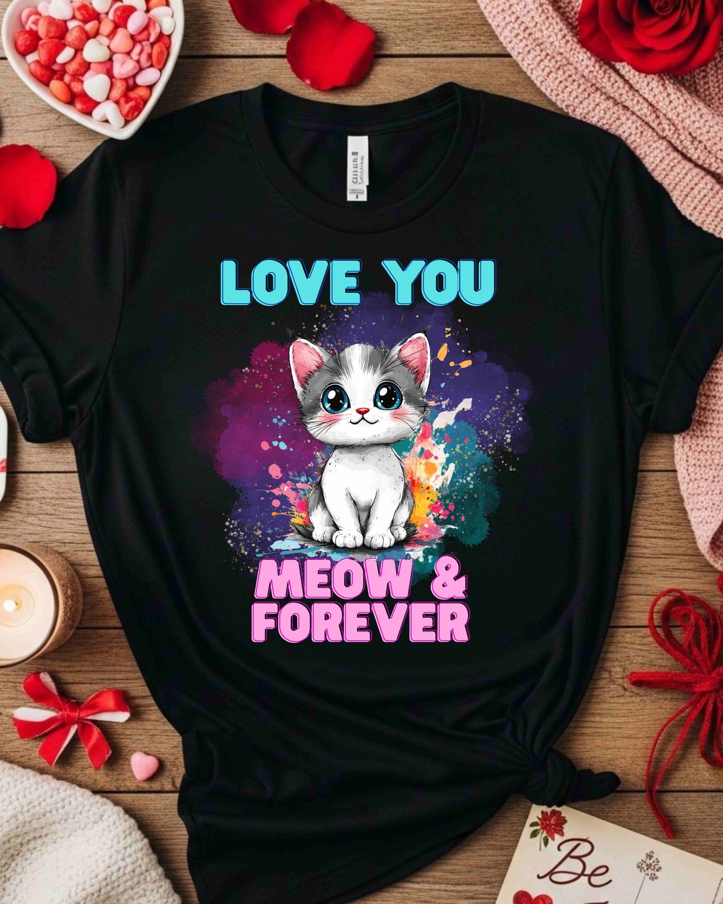 Love You Meow & Forever” Kitty Tee – Watercolour Cat Valentine’s Day T‑Shirt for Women, Cat Lover Gift
