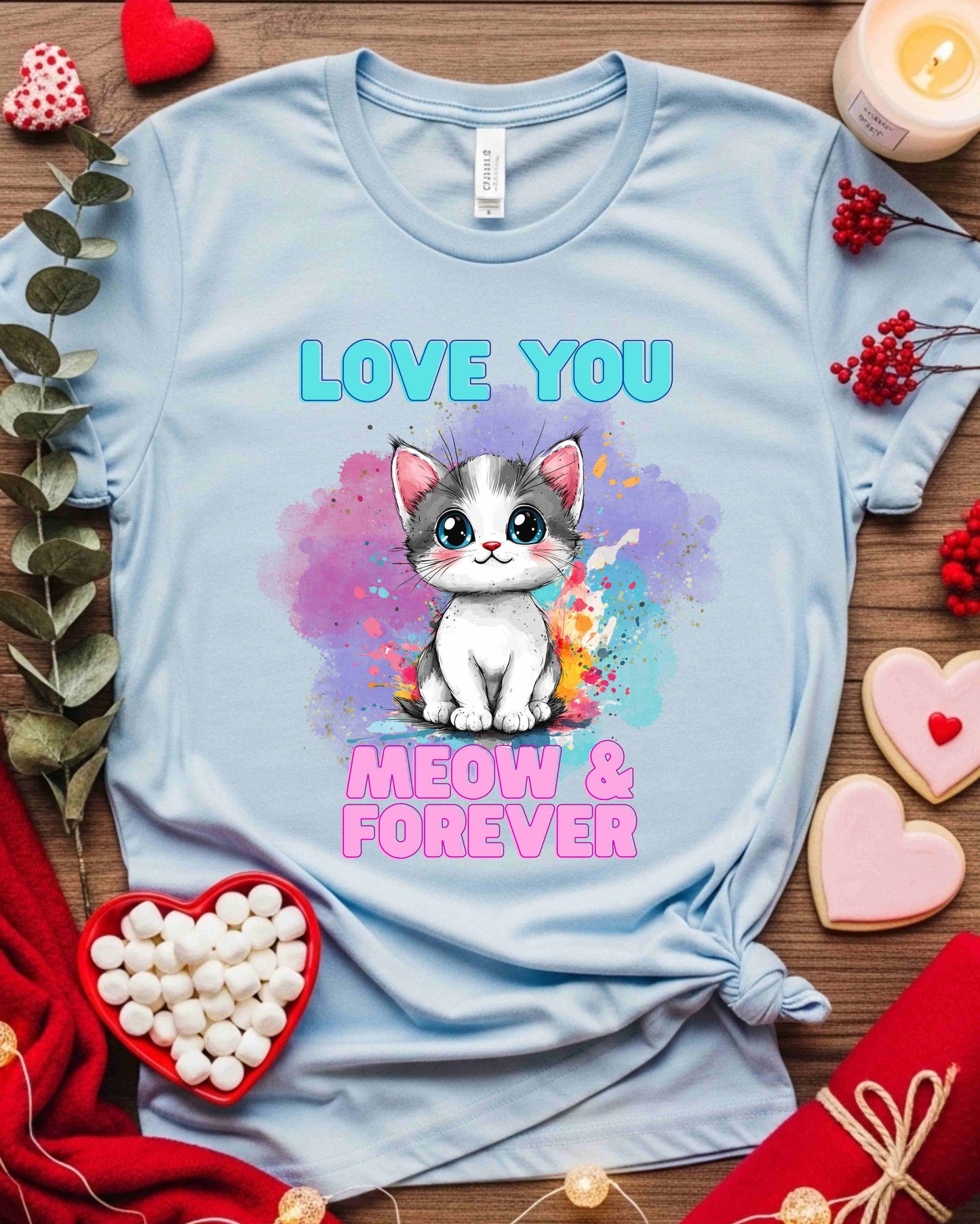 Love You Meow & Forever” Kitty Tee – Watercolour Cat Valentine’s Day T‑Shirt for Women, Cat Lover Gift