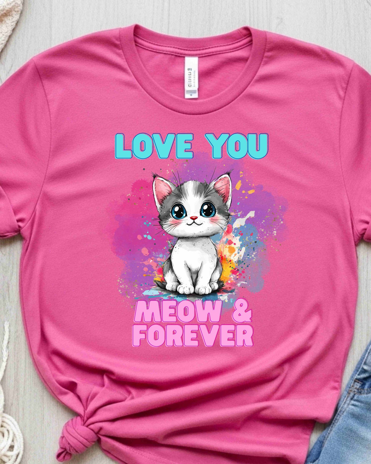 Love You Meow & Forever” Kitty Tee – Watercolour Cat Valentine’s Day T‑Shirt for Women, Cat Lover Gift