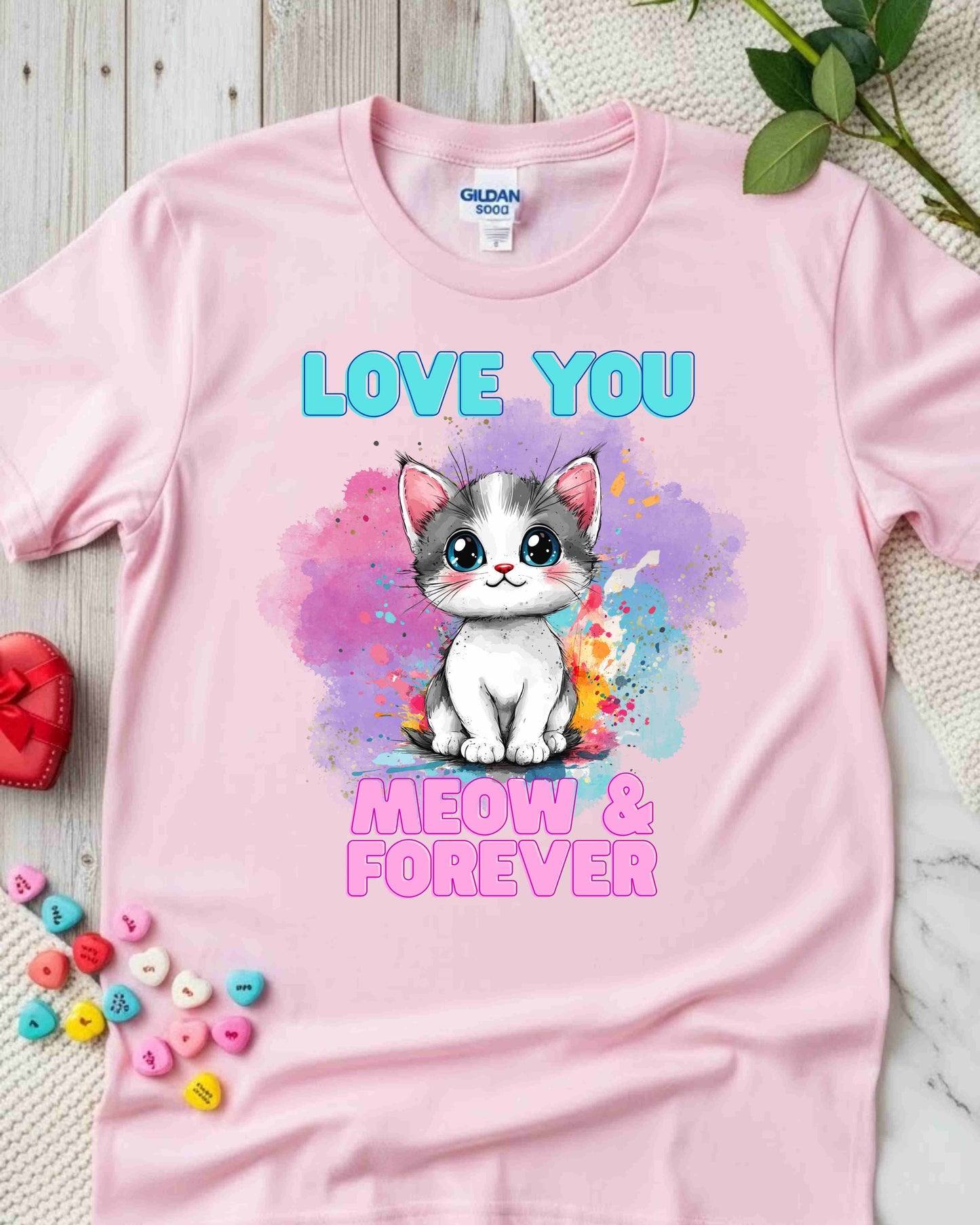 Love You Meow & Forever” Kitty Tee – Watercolour Cat Valentine’s Day T‑Shirt for Women, Cat Lover Gift