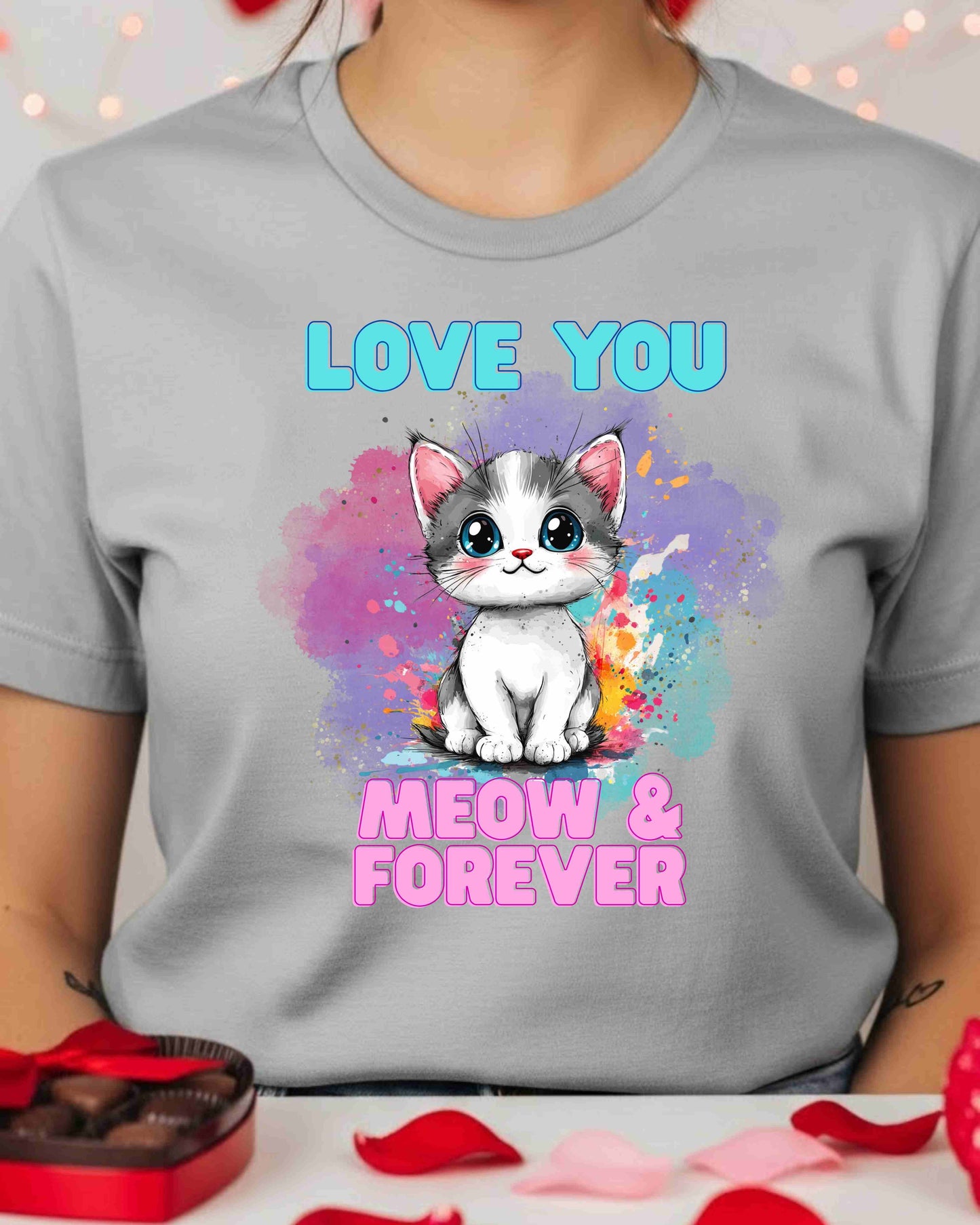 Love You Meow & Forever” Kitty Tee – Watercolour Cat Valentine’s Day T‑Shirt for Women, Cat Lover Gift