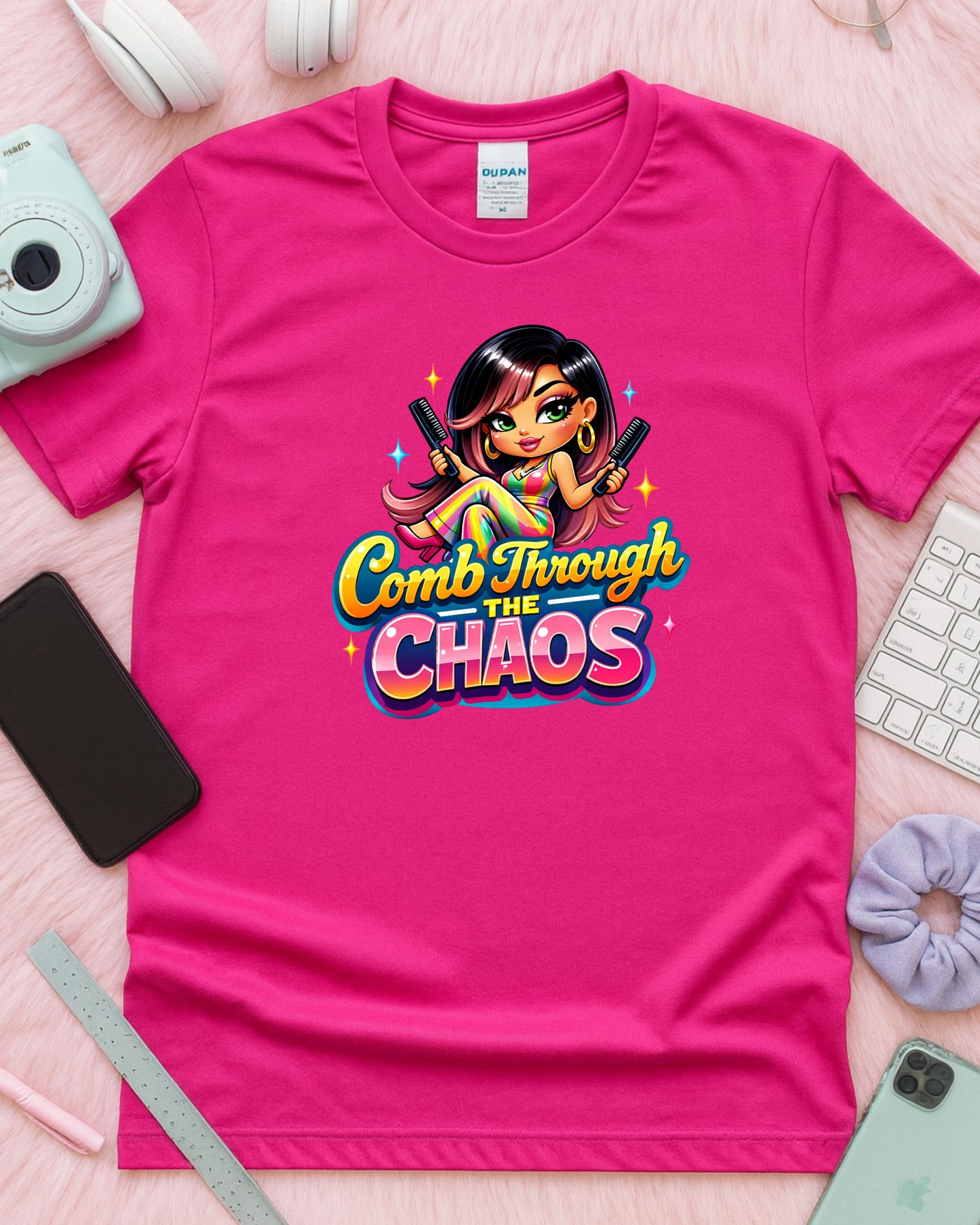 Comb Through the Chaos Shirt Funny Hairstylist Tee Colourful Salon Stylist T‑Shirt Braider Graphic Top Cosmetology Gift