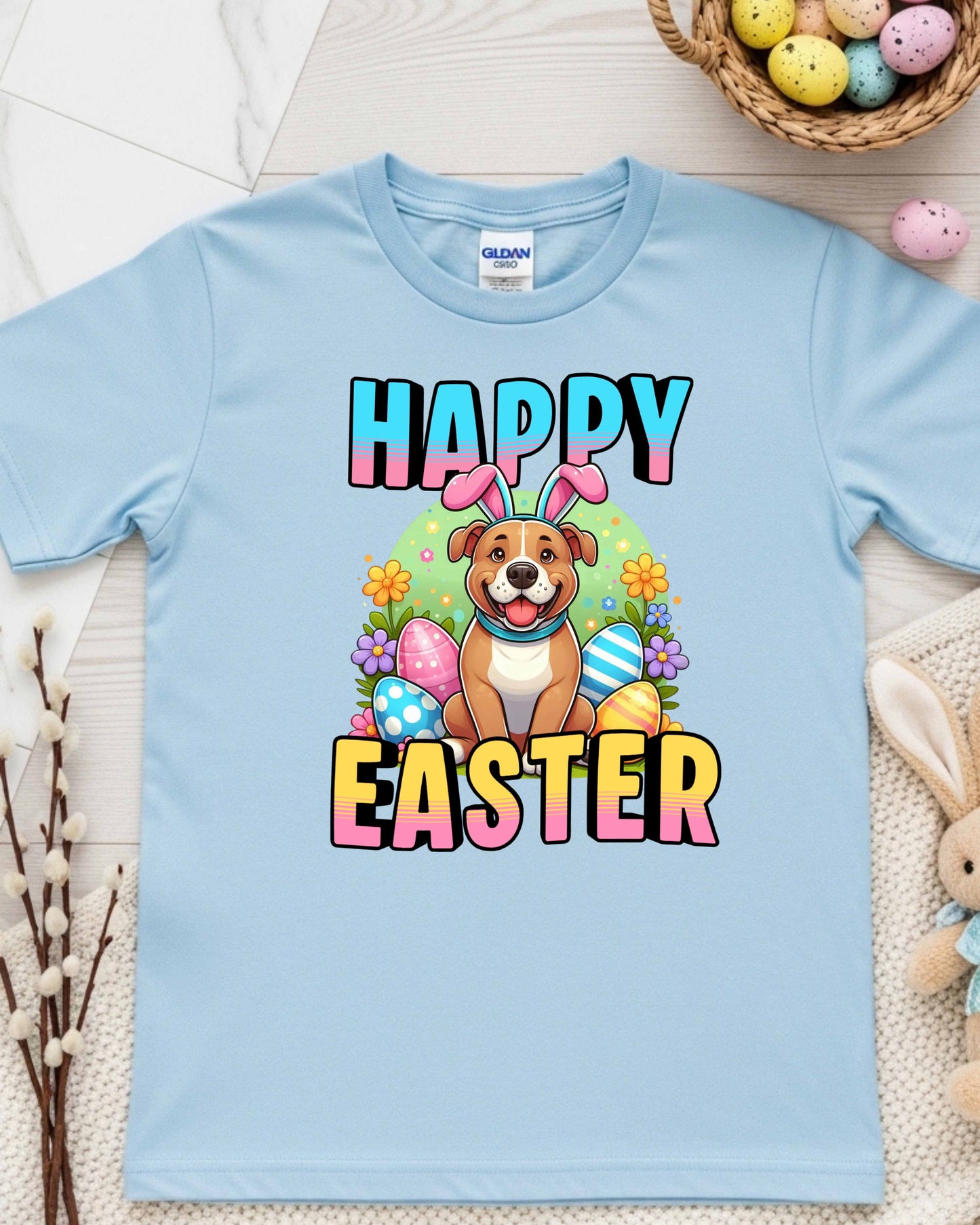Puppy in Bunny Ears with Colourful Eggs & Flowers, Fun Spring Clipart for Shirts, Stickers & Holiday Decor