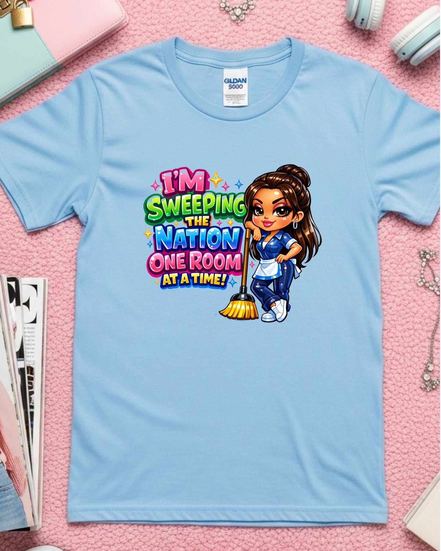 I’m Sweeping the Nation One Room at a Time Shirt Funny Cleaner Tee Housekeeper & Janitor T‑Shirt Cleaning Crew Graphic Top Custodian Gift for Women