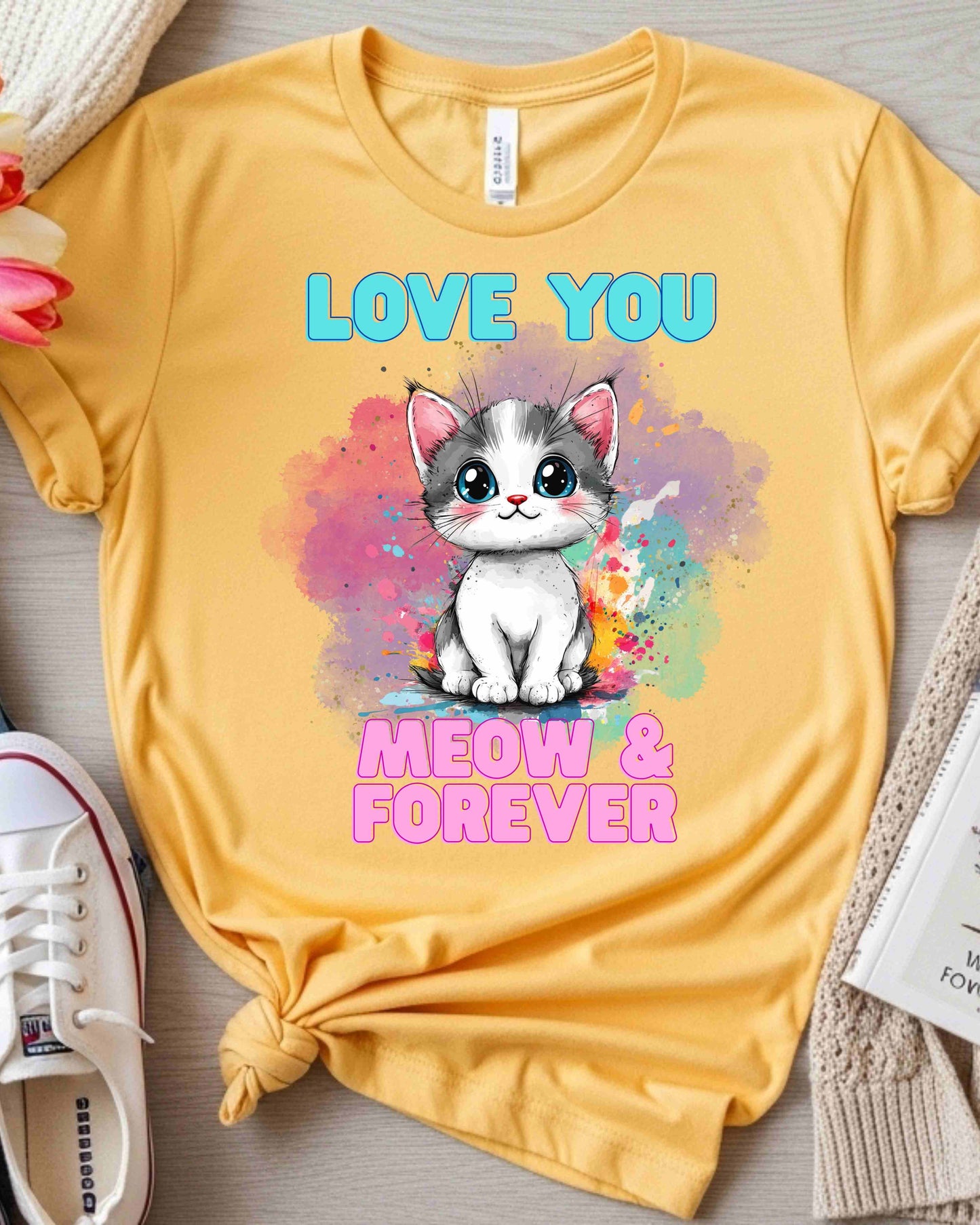 Love You Meow & Forever” Kitty Tee – Watercolour Cat Valentine’s Day T‑Shirt for Women, Cat Lover Gift