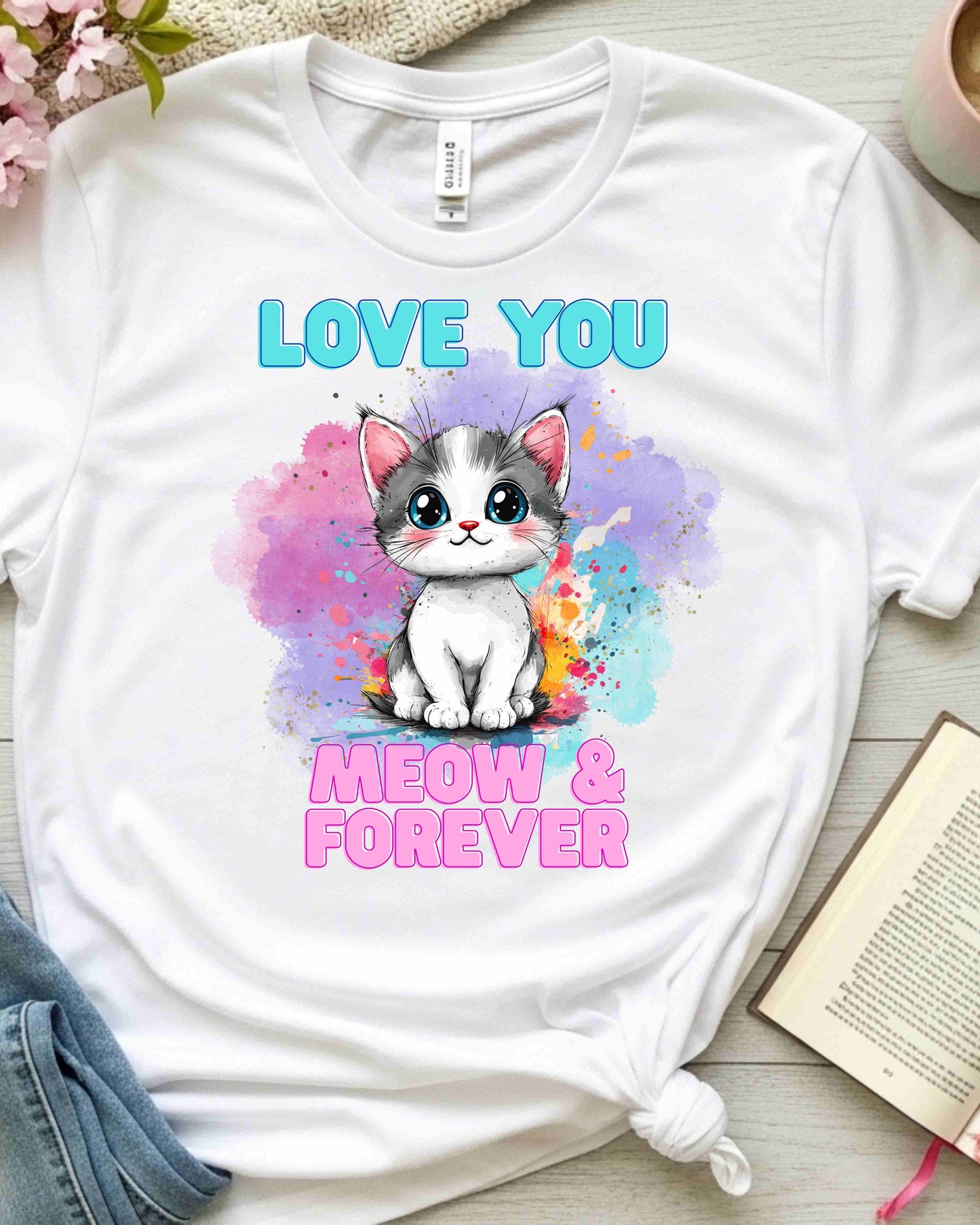 Love You Meow & Forever” Kitty Tee – Watercolour Cat Valentine’s Day T‑Shirt for Women, Cat Lover Gift