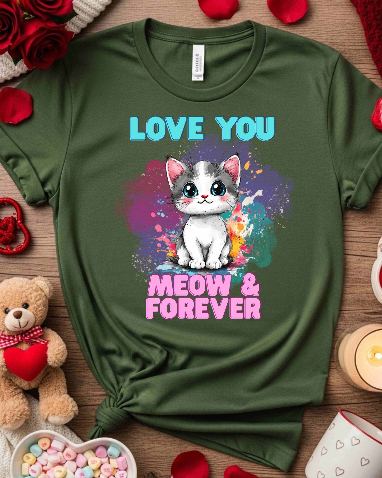 Love You Meow & Forever” Kitty Tee – Watercolour Cat Valentine’s Day T‑Shirt for Women, Cat Lover Gift