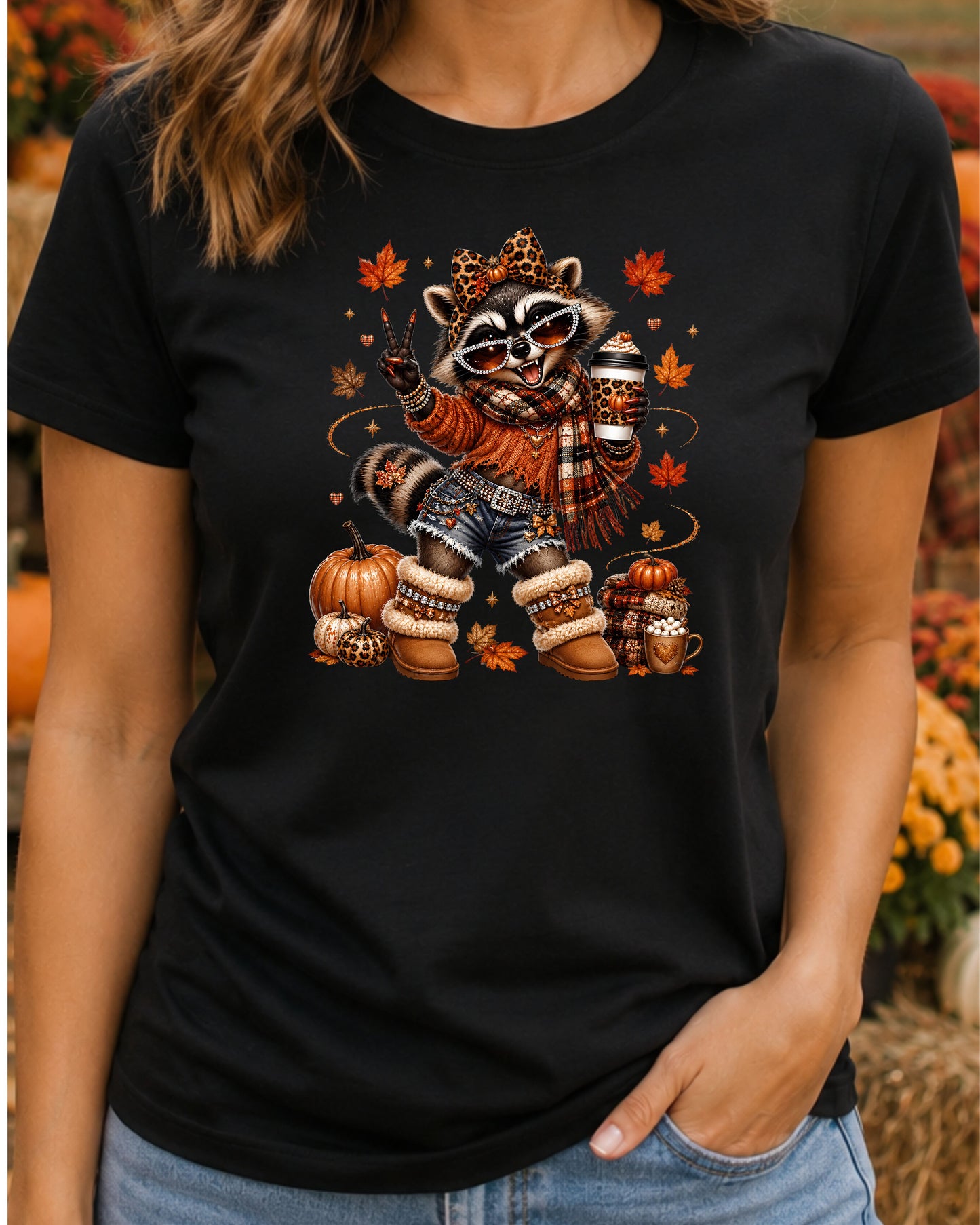 Coquette Autumn Raccoon Cute Fall Coffee Lover Raccoon T-Shirt