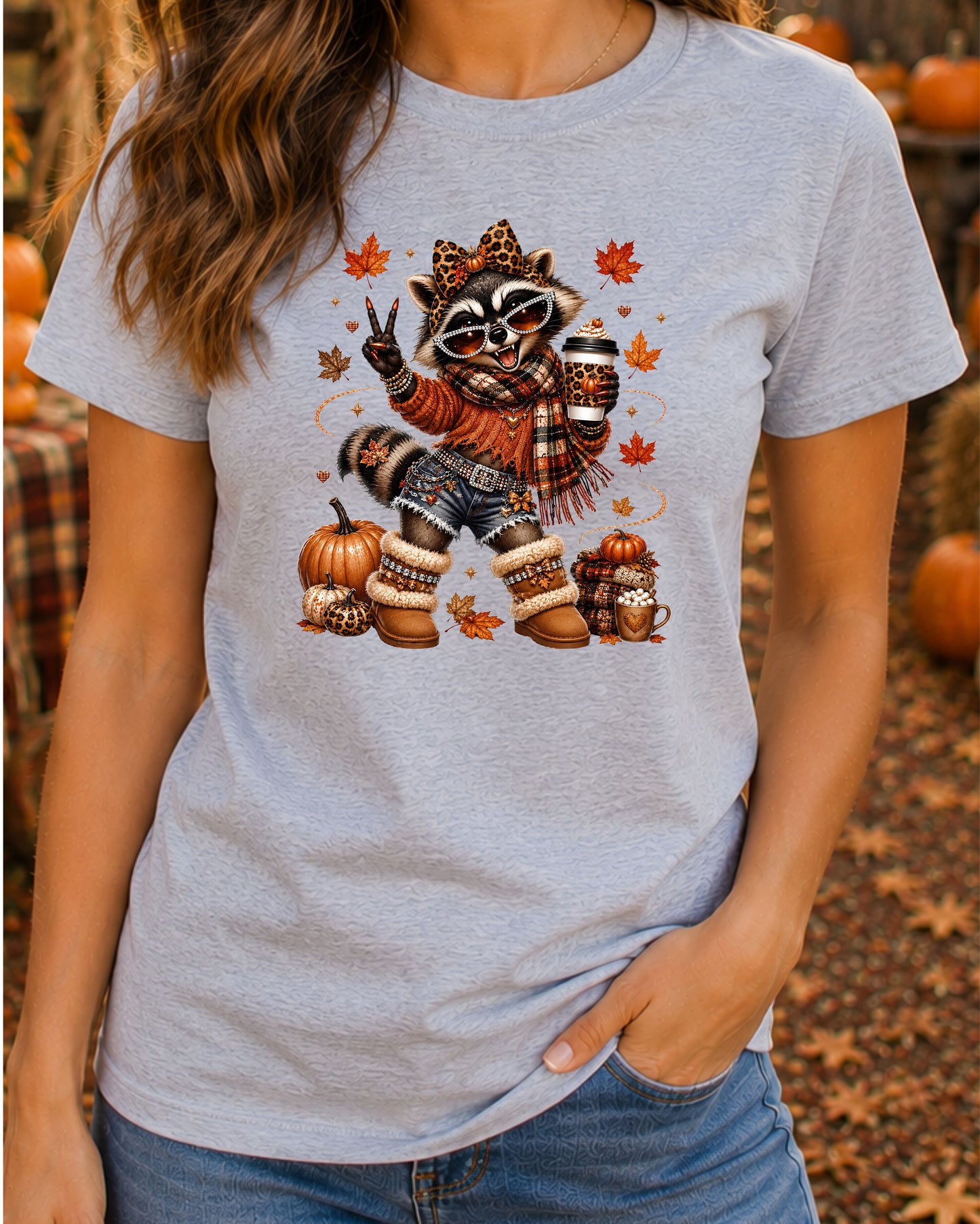 Coquette Autumn Raccoon Cute Fall Coffee Lover Raccoon T-Shirt