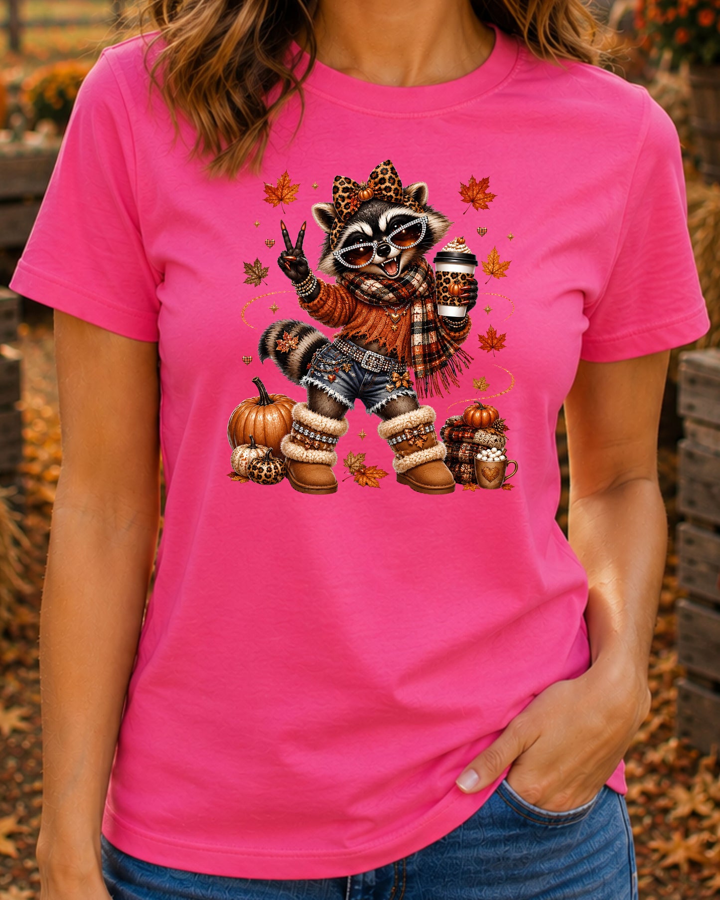 Coquette Autumn Raccoon Cute Fall Coffee Lover Raccoon T-Shirt