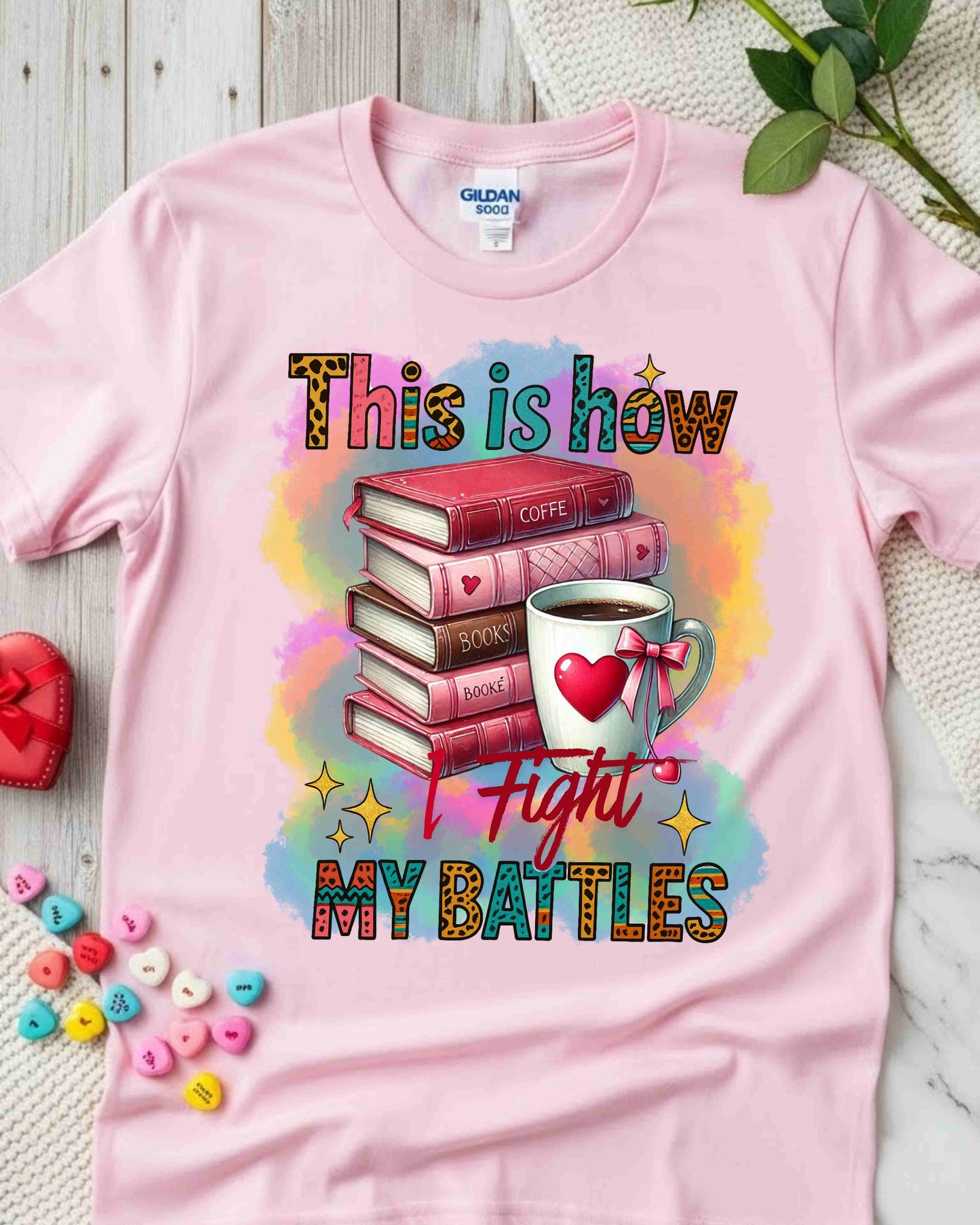 This Is How I Fight My Battles Tee – Watercolour Book Stack T‑Shirt for Women, Cozy Reading Gift, Bookish Aesthetic