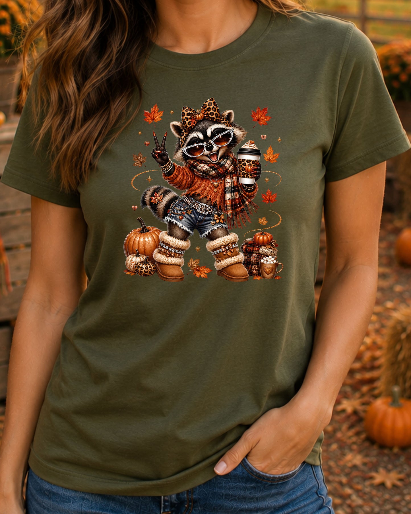 Coquette Autumn Raccoon Cute Fall Coffee Lover Raccoon T-Shirt