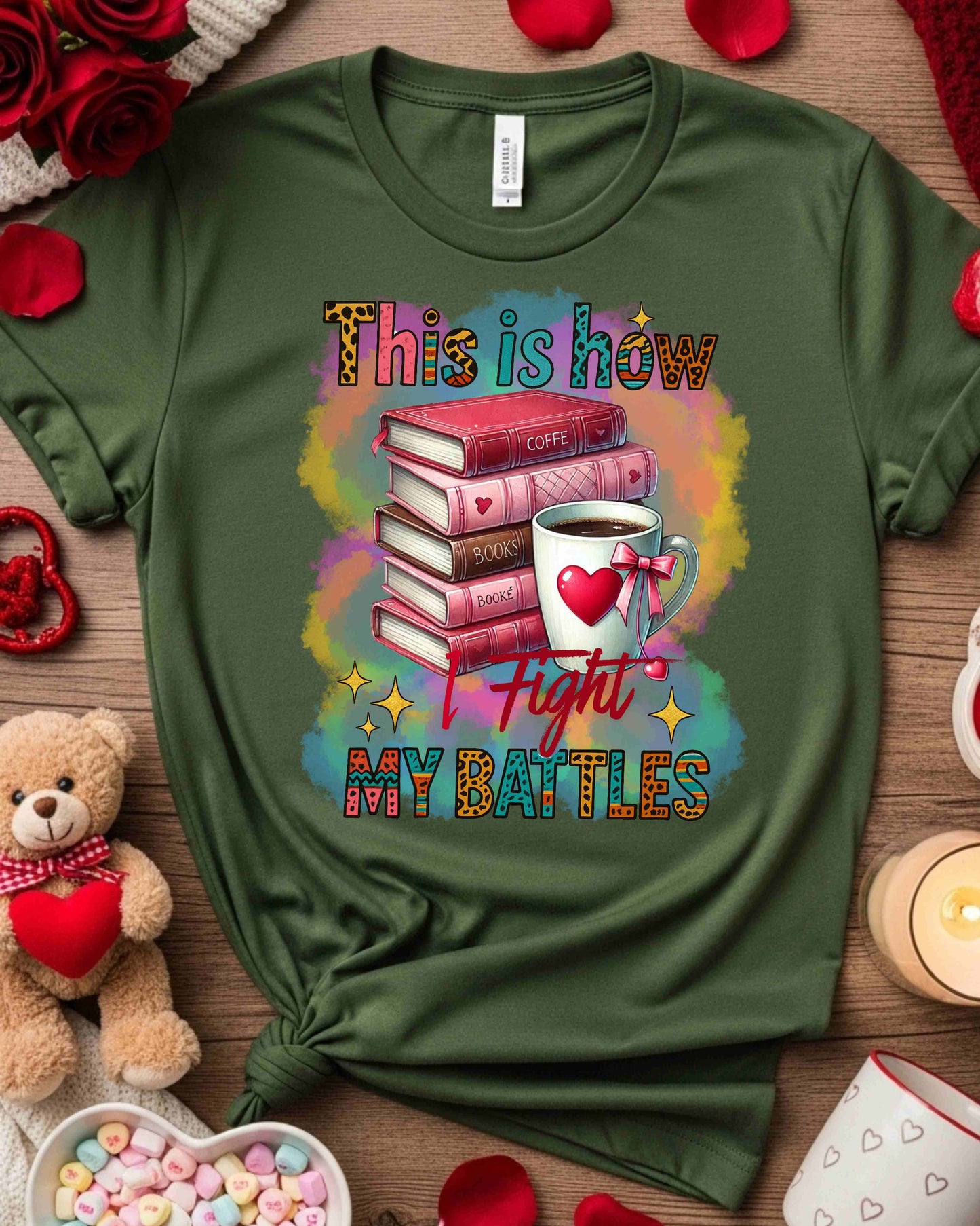 This Is How I Fight My Battles Tee – Watercolour Book Stack T‑Shirt for Women, Cozy Reading Gift, Bookish Aesthetic