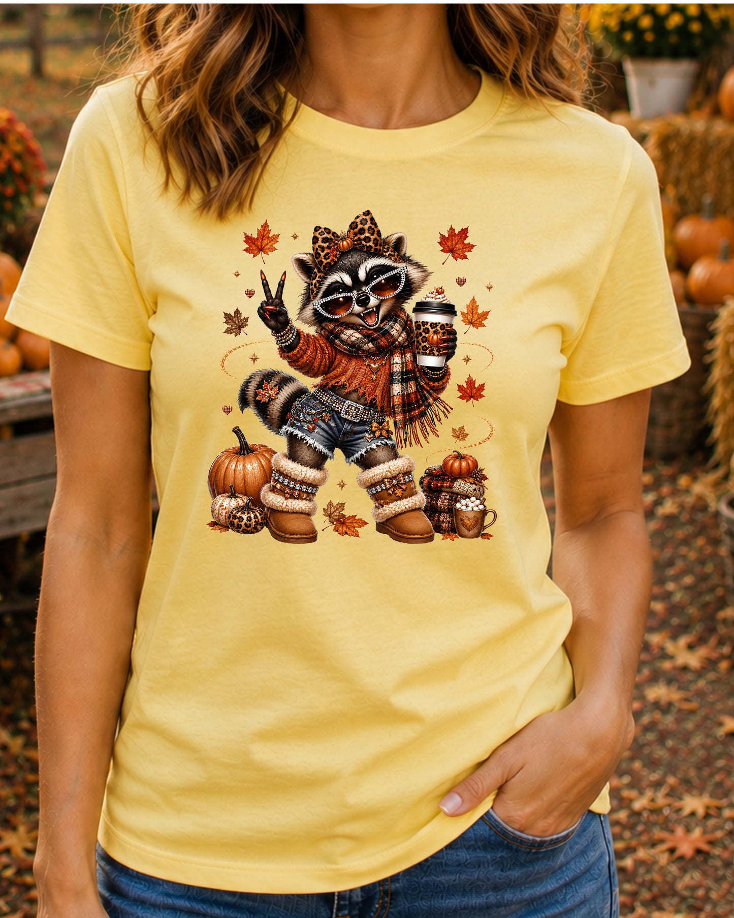 Coquette Autumn Raccoon Cute Fall Coffee Lover Raccoon T-Shirt