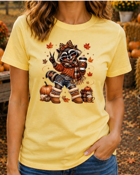 Coquette Autumn Raccoon Cute Fall Coffee Lover Raccoon T-Shirt