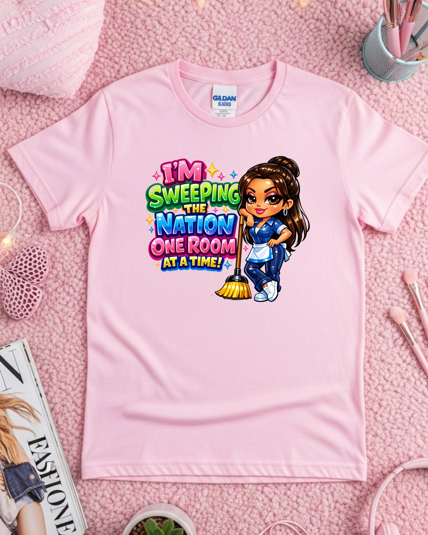 I’m Sweeping the Nation One Room at a Time Shirt Funny Cleaner Tee Housekeeper & Janitor T‑Shirt Cleaning Crew Graphic Top Custodian Gift for Women