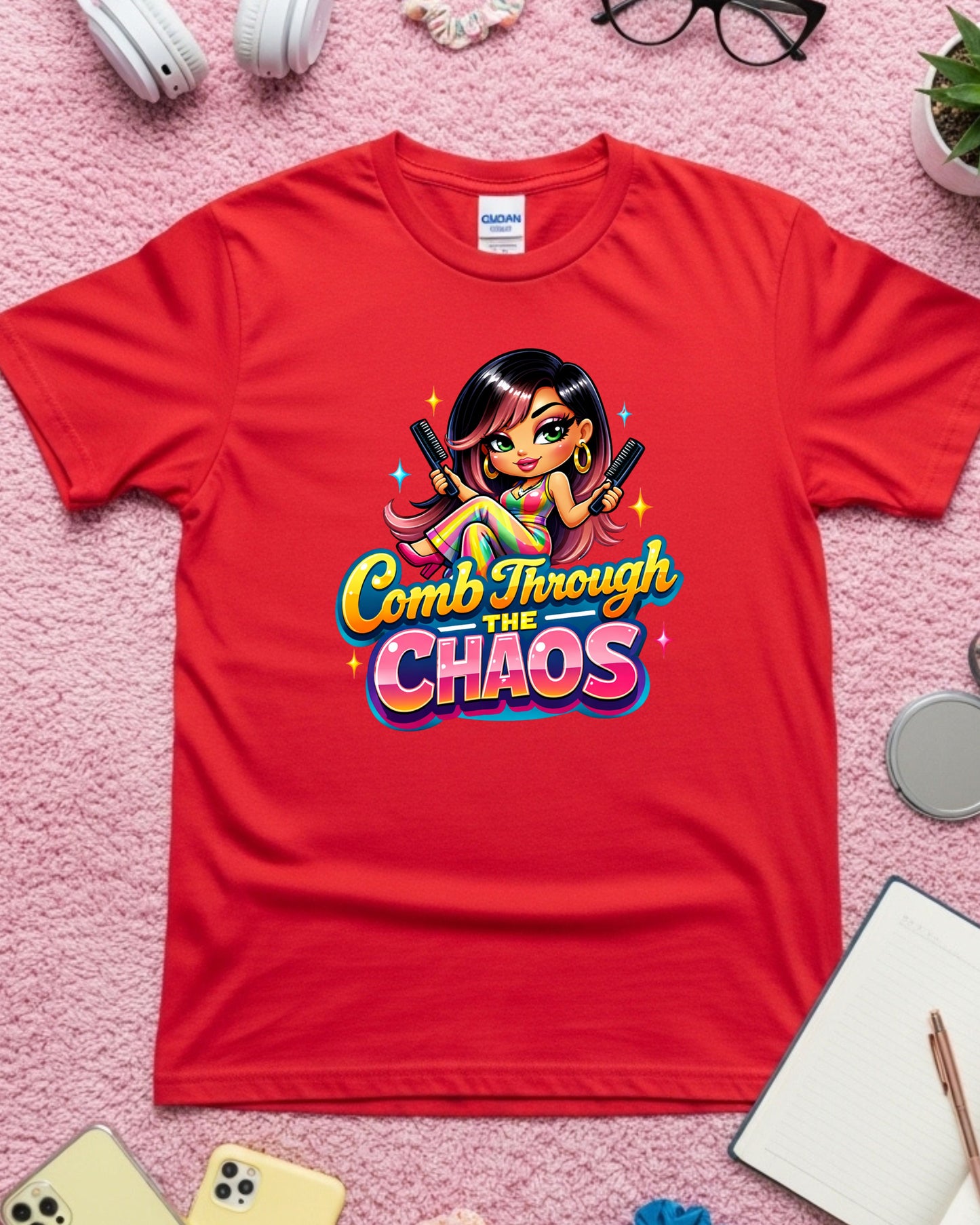 Comb Through the Chaos Shirt Funny Hairstylist Tee Colourful Salon Stylist T‑Shirt Braider Graphic Top Cosmetology Gift