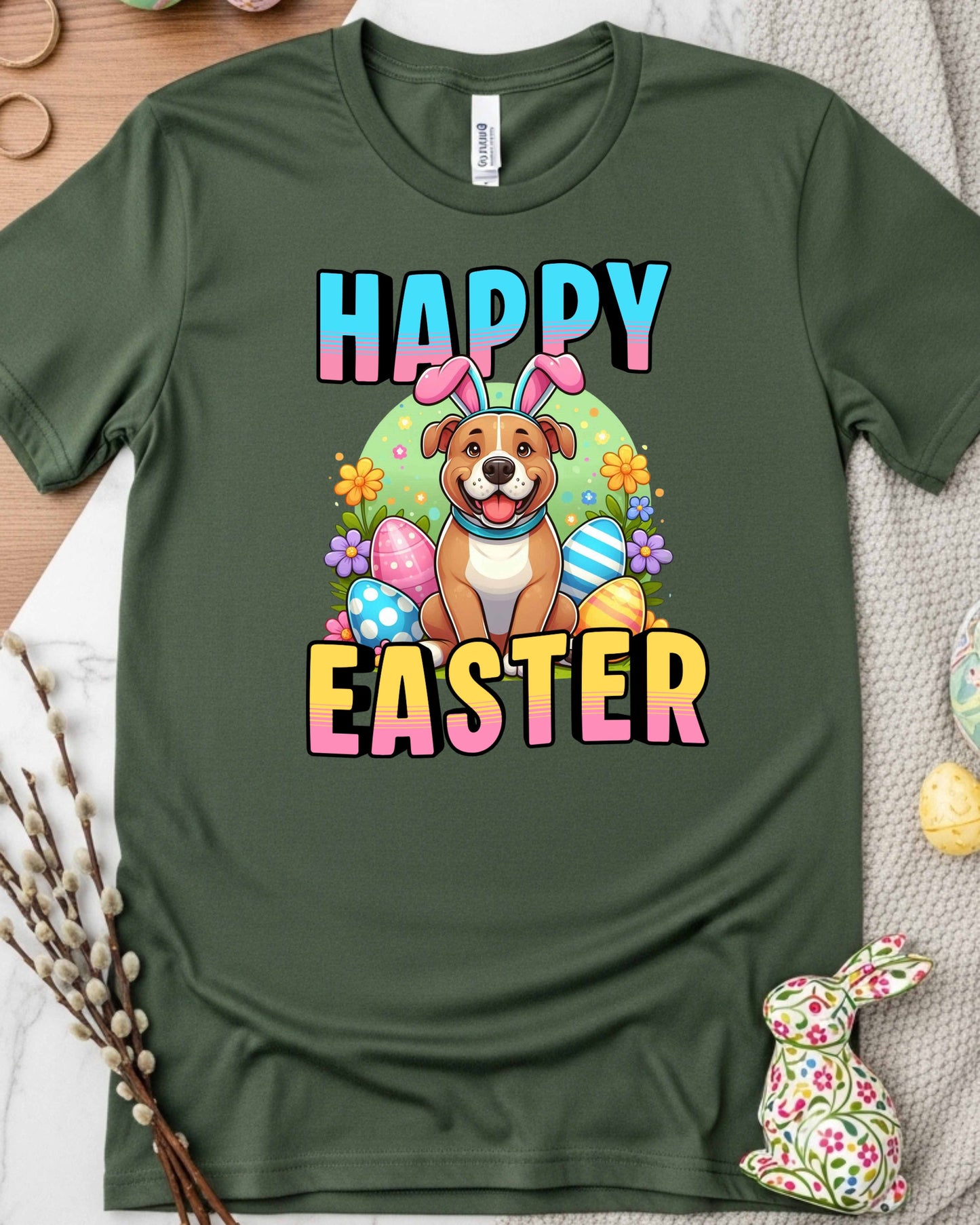 Puppy in Bunny Ears with Colourful Eggs & Flowers, Fun Spring Clipart for Shirts, Stickers & Holiday Decor