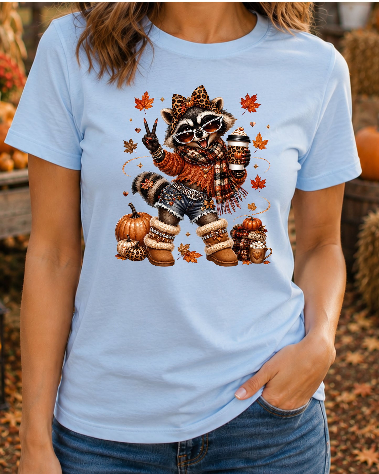 Coquette Autumn Raccoon Cute Fall Coffee Lover Raccoon T-Shirt