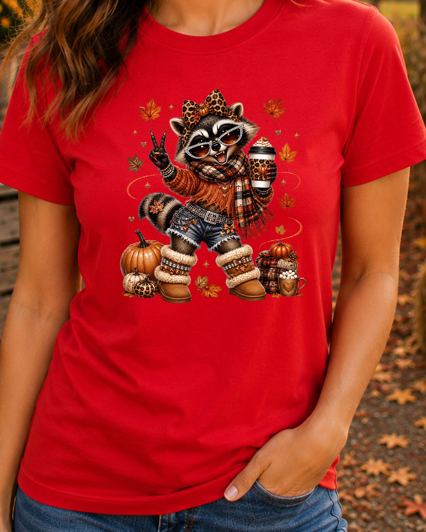 Coquette Autumn Raccoon Cute Fall Coffee Lover Raccoon T-Shirt