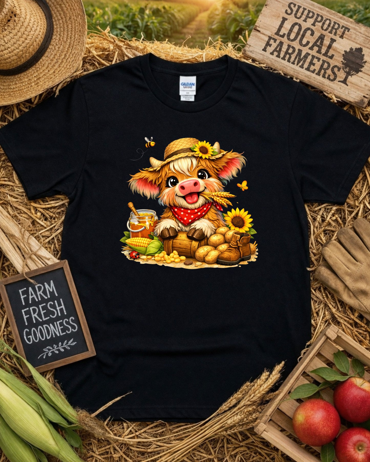 Farmhouse Cow Clipart – Cute Baby Cow PNG, Rustic Country Cow Illustration, Sunflower Cow Art for Sublimation & Kids Decor