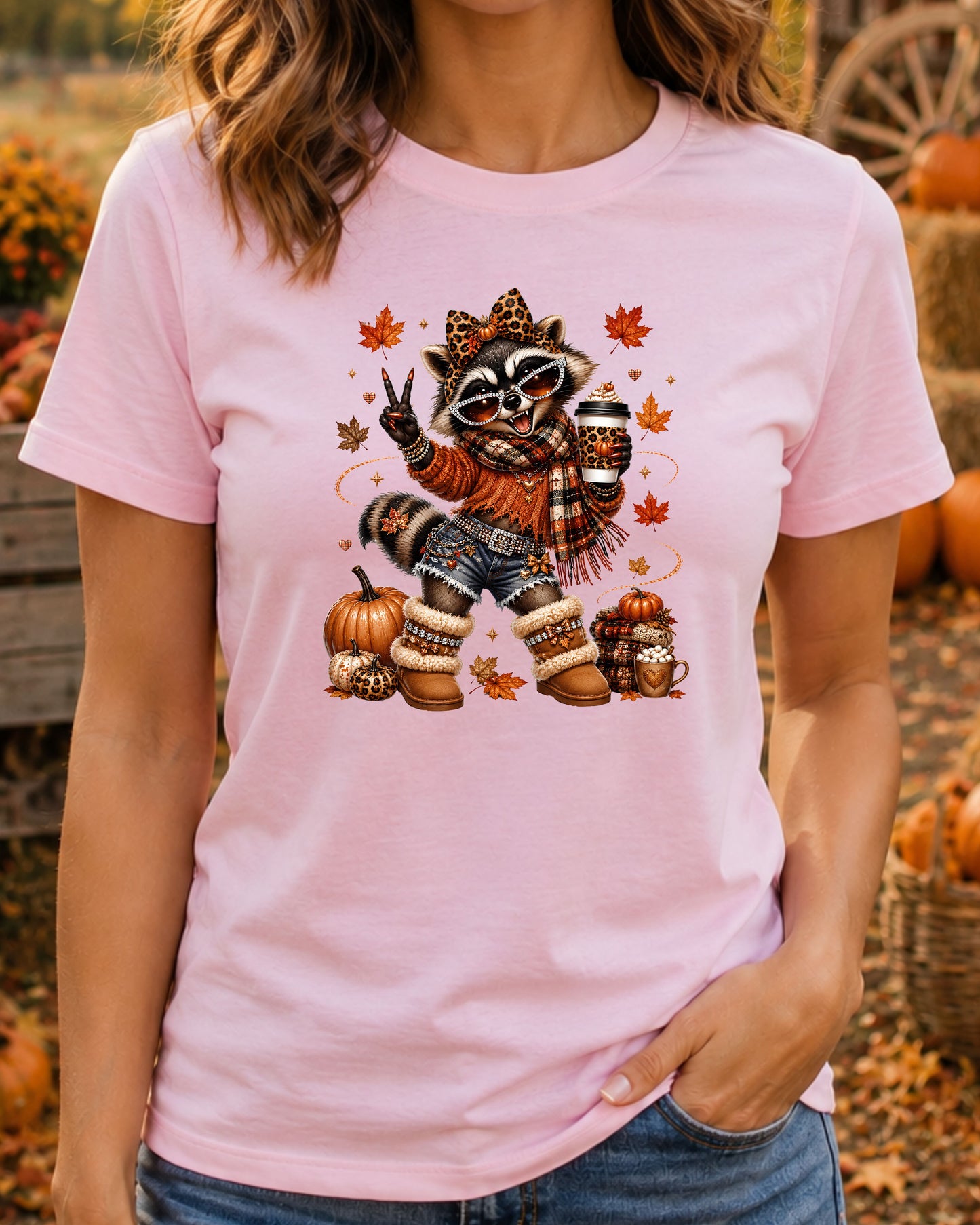 Coquette Autumn Raccoon Cute Fall Coffee Lover Raccoon T-Shirt