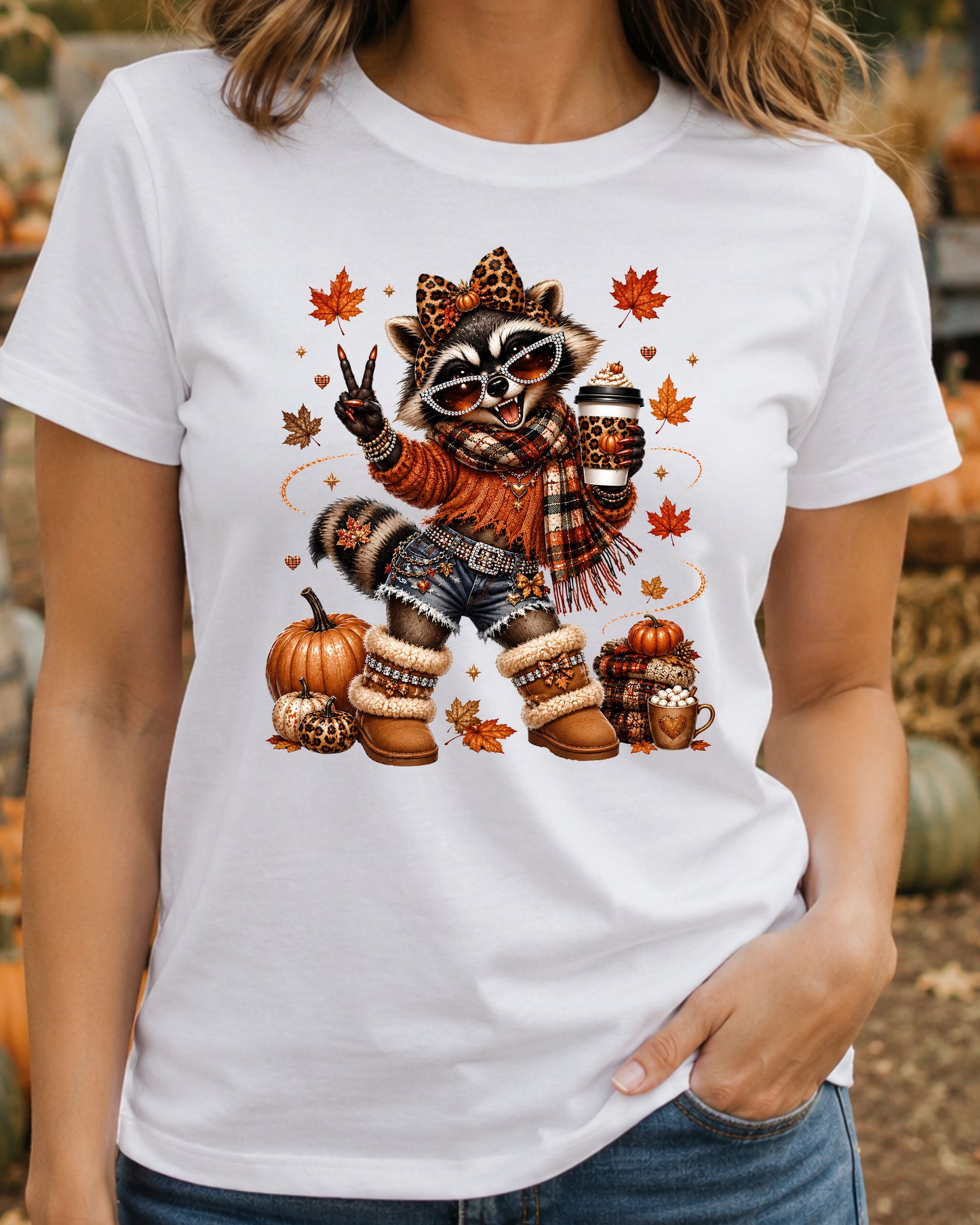 Coquette Autumn Raccoon Cute Fall Coffee Lover Raccoon T-Shirt