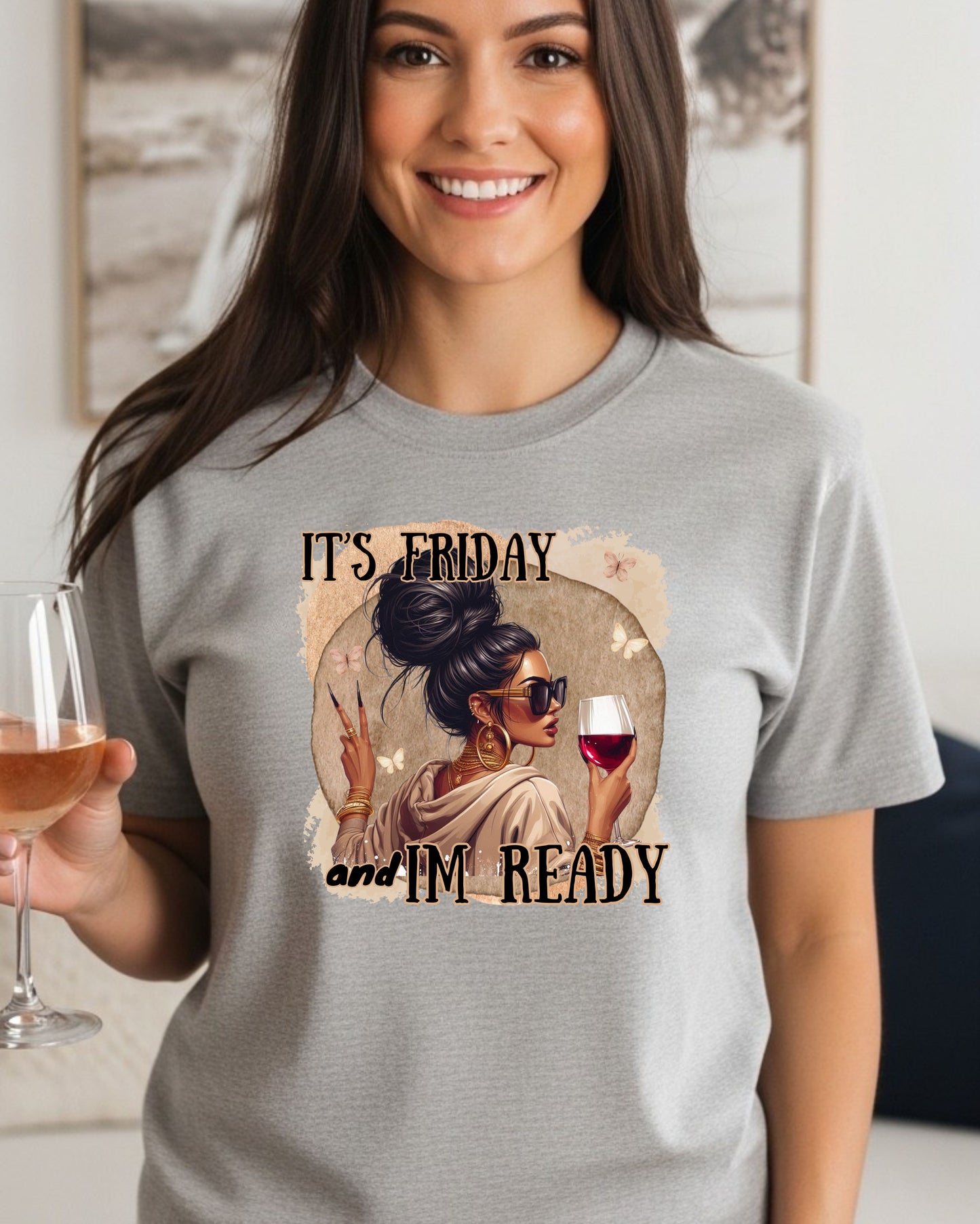It’s Friday I’m Ready T‑Shirt  – Glam Woman with Wine, Weekend Vibes Graphic, Cute Girls’ Night Out Design